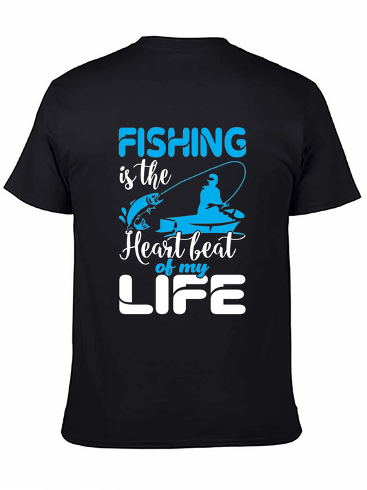 Fishing Heartbeat Life Graphic Black T-Shirt
