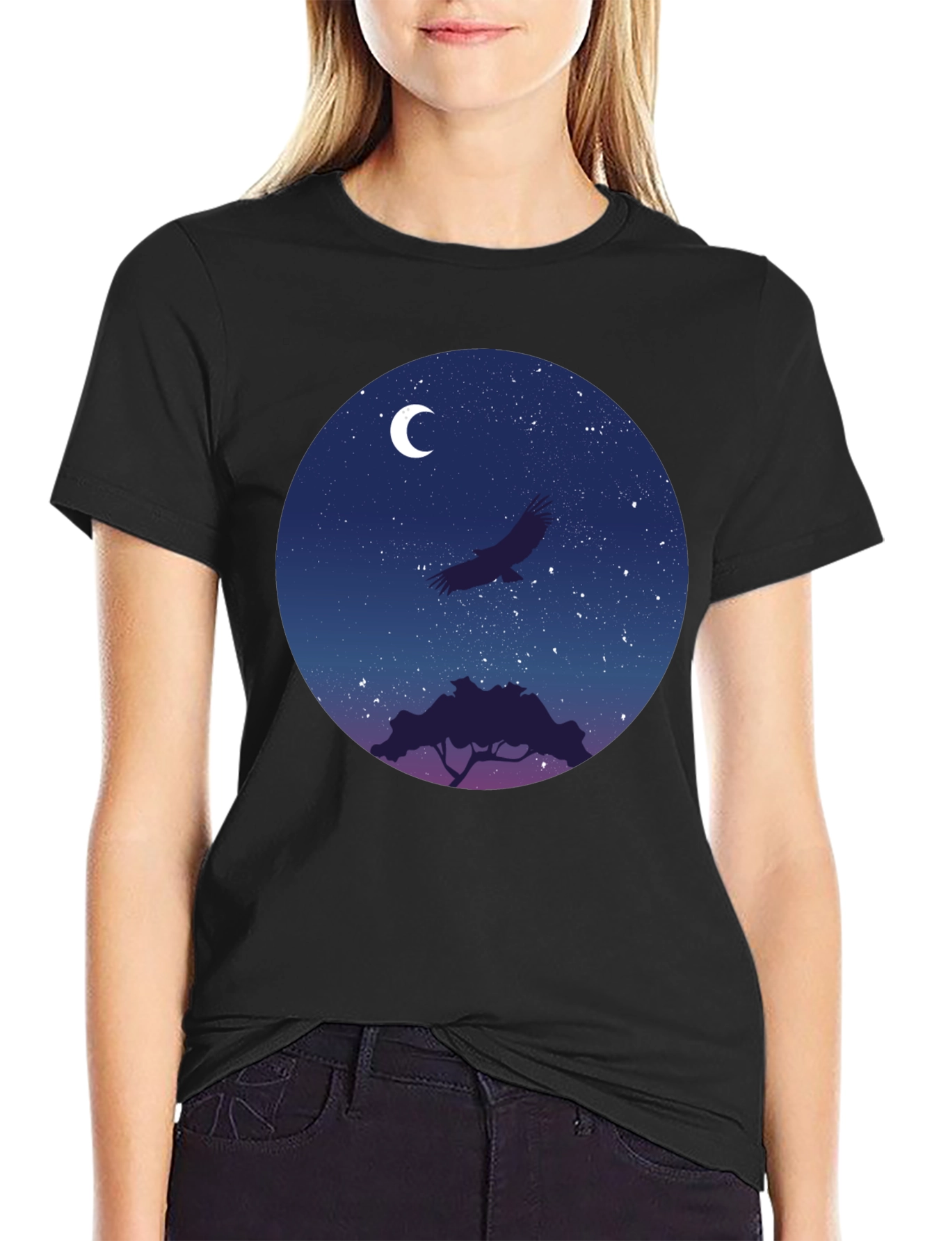 Night Sky Eagle Graphic Tee - Black Cotton Blend