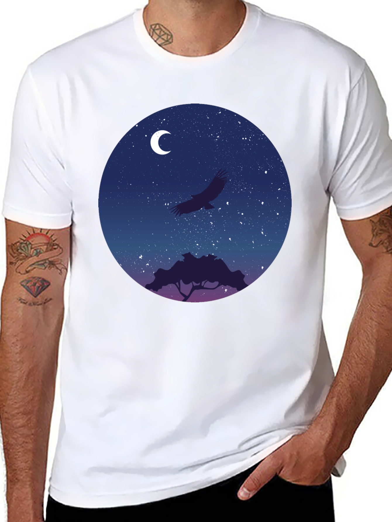 Night Sky Eagle Graphic Tee - Black Cotton Blend