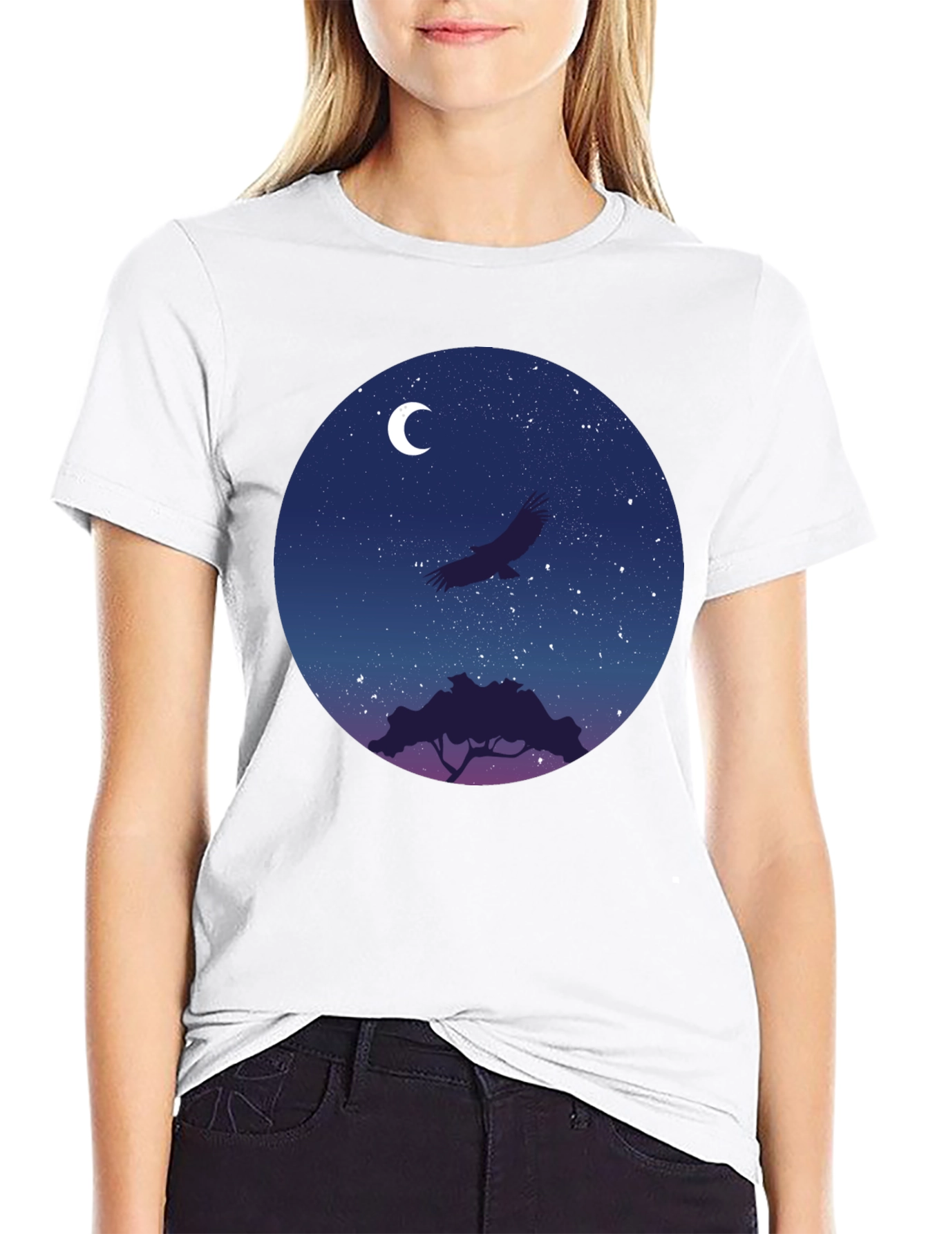 Night Sky Eagle Graphic Tee - Black Cotton Blend