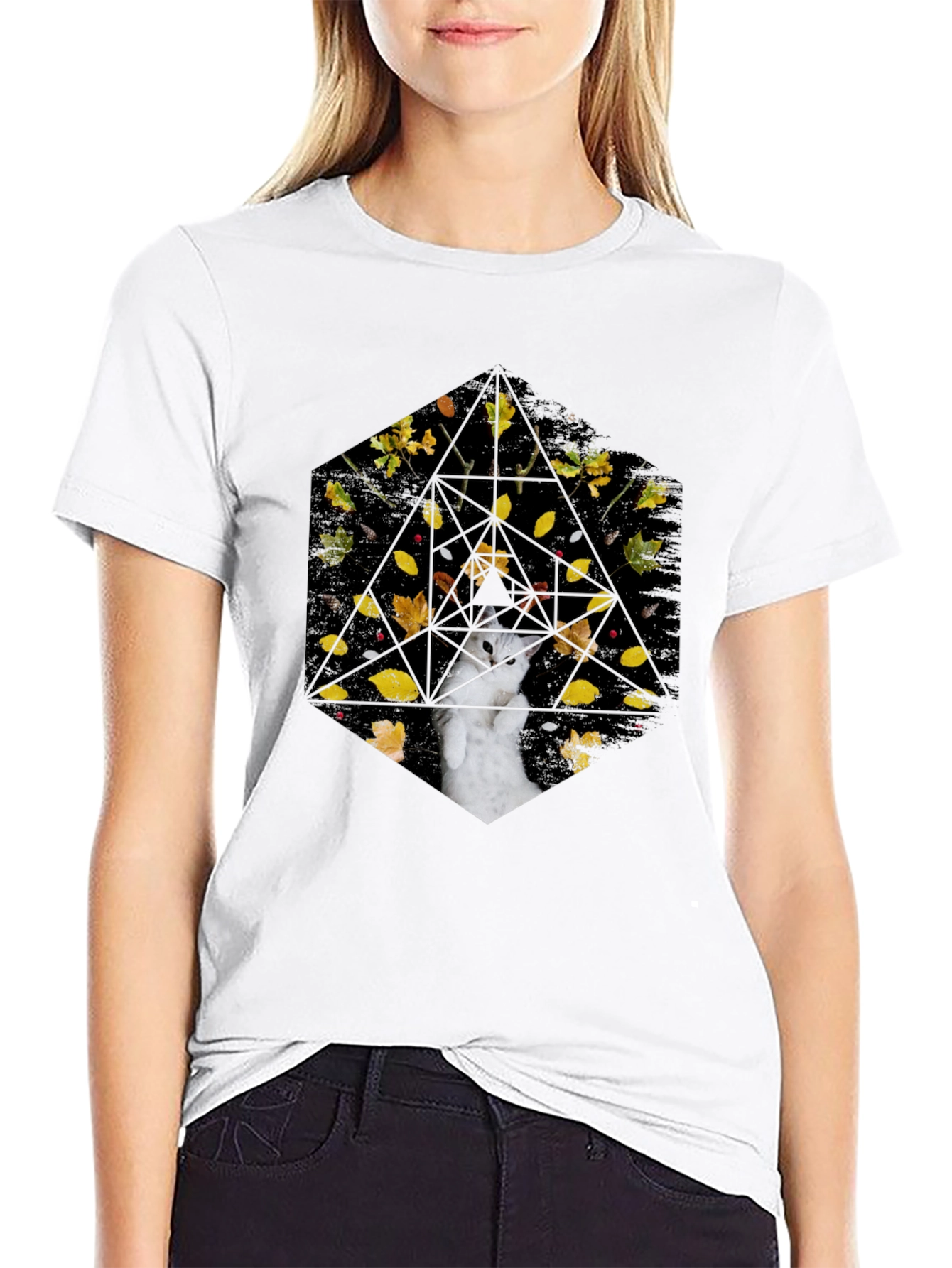 Geometric Cat T-Shirt - Abstract Fall Design