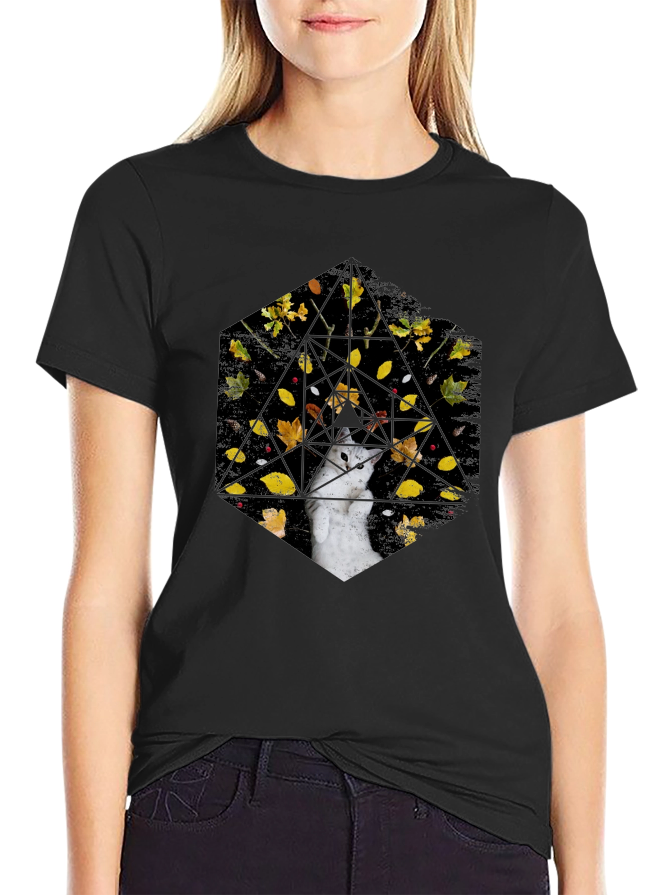 Geometric Cat T-Shirt - Abstract Fall Design