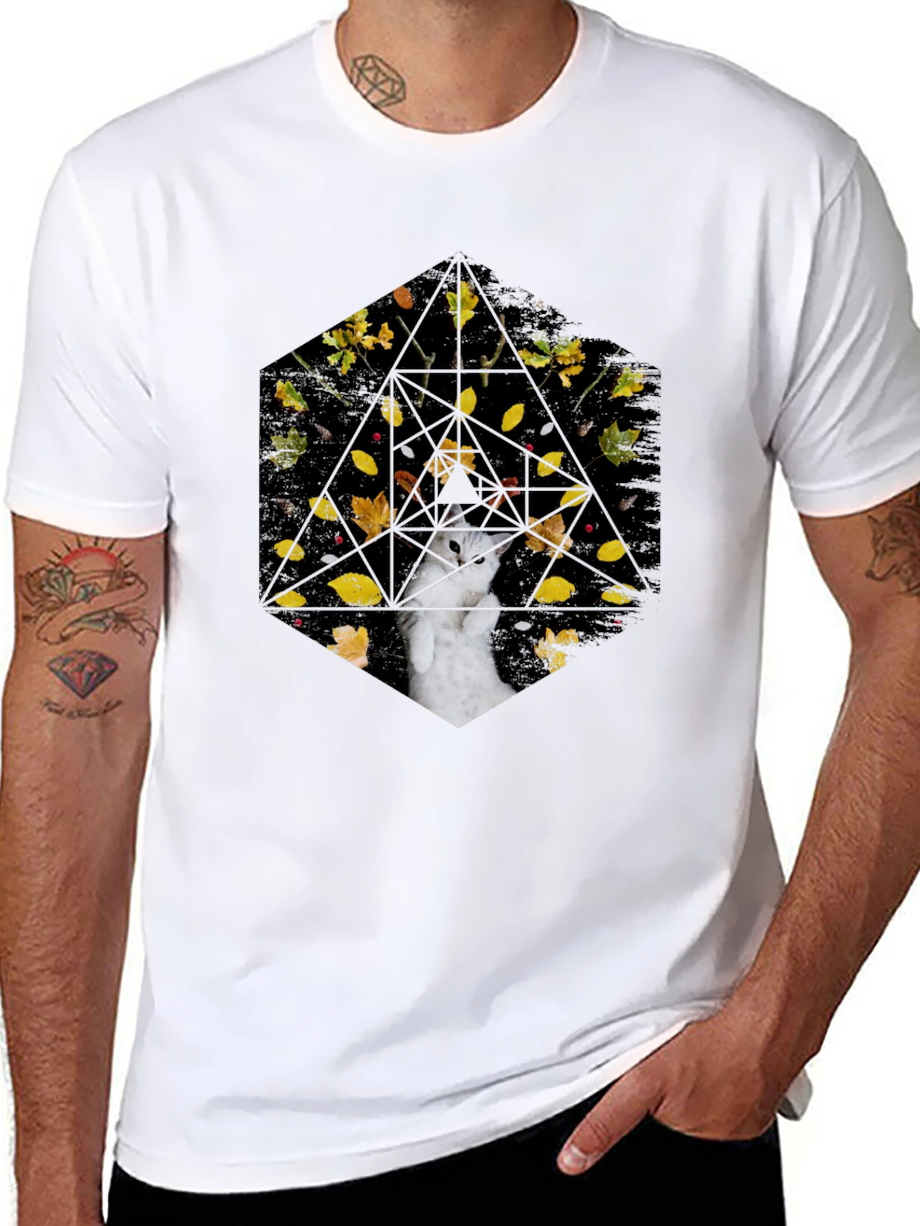 Geometric Cat T-Shirt - Abstract Fall Design