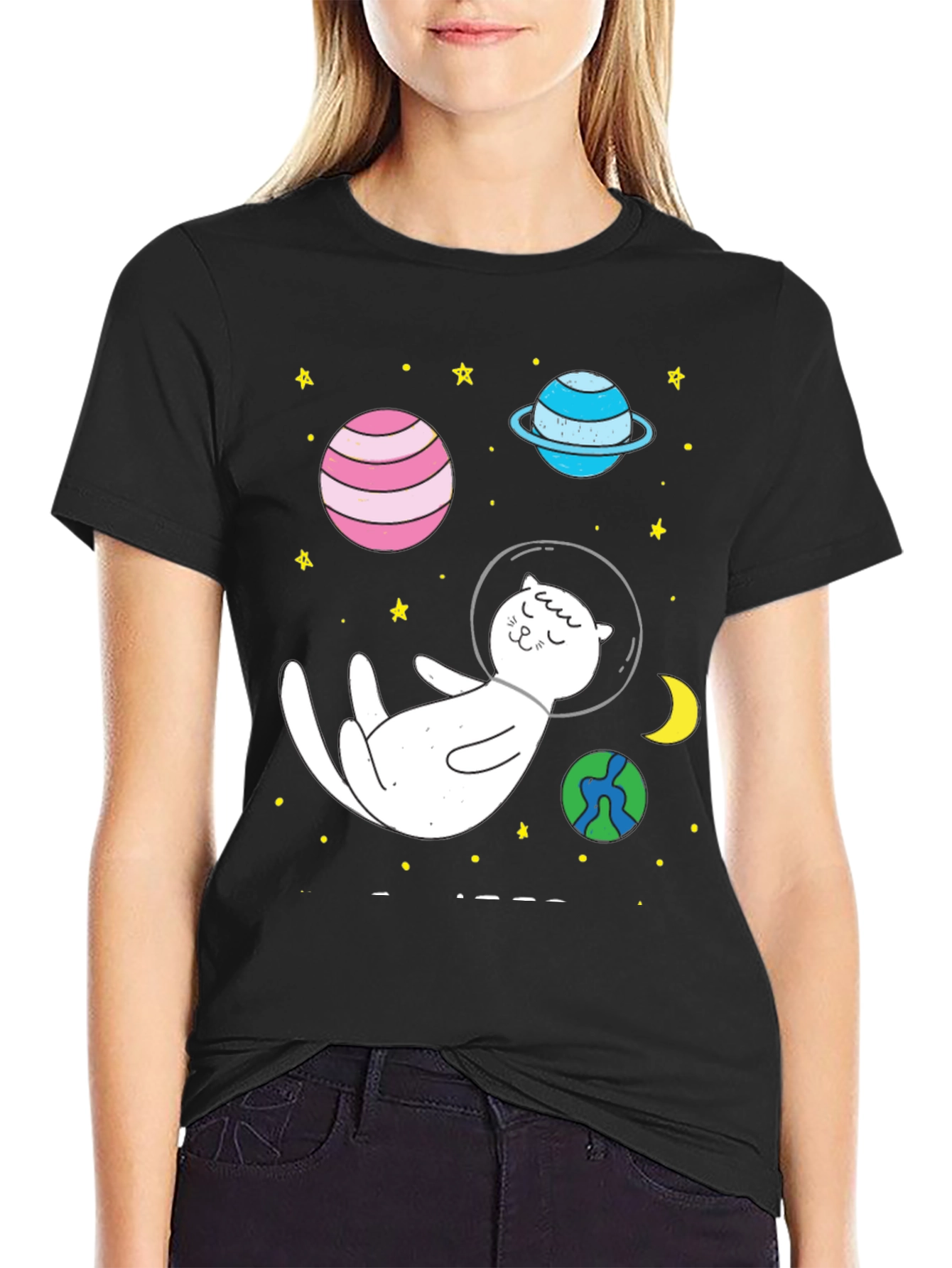 Space Cat T-Shirt - Planets and Stars Design