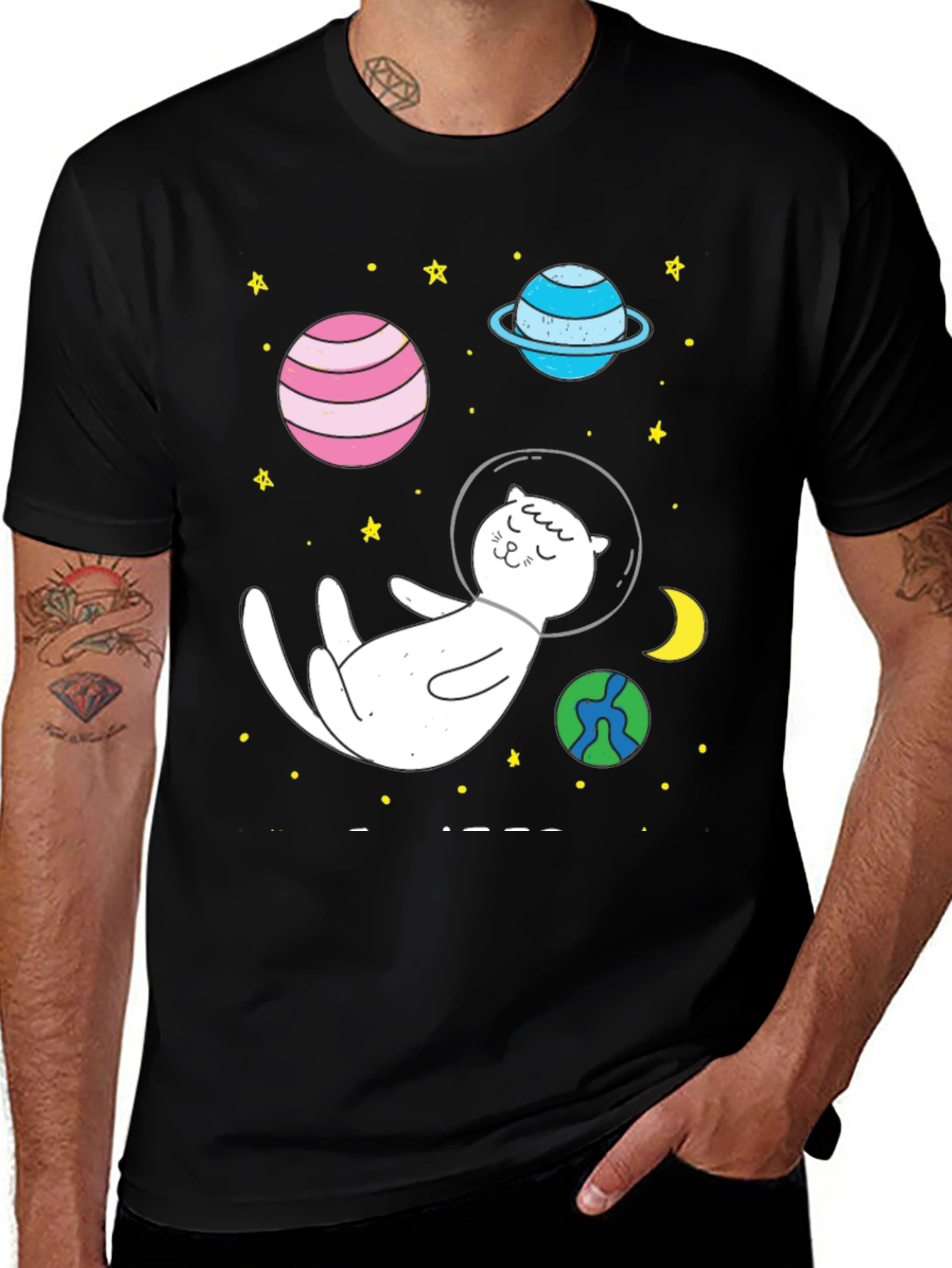 Space Cat T-Shirt - Planets and Stars Design
