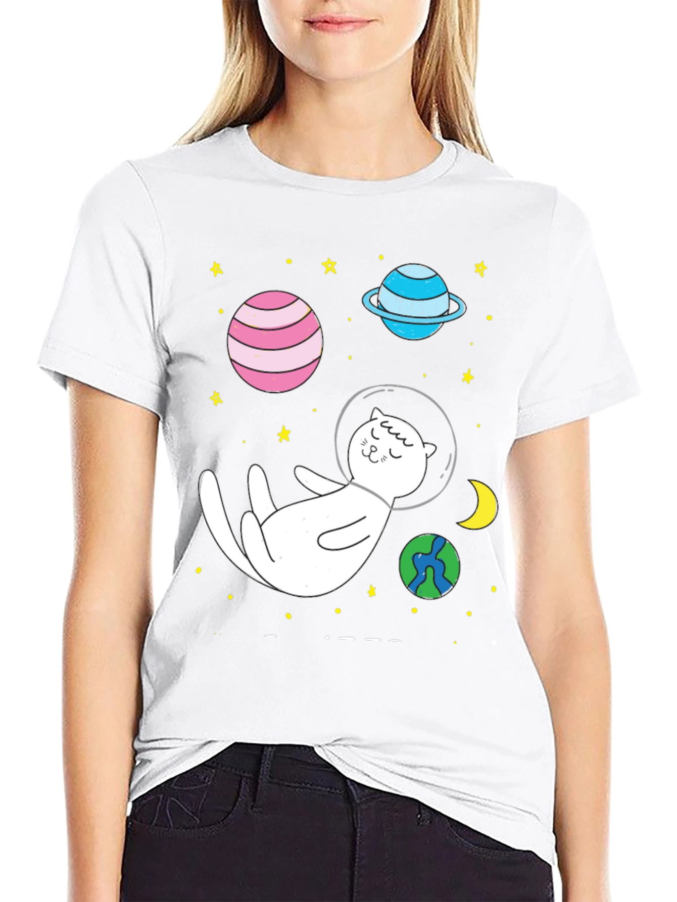 Space Cat T-Shirt - Planets and Stars Design