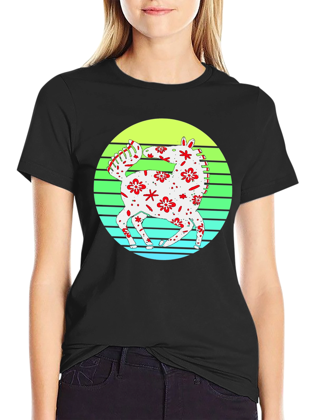 Floral Horse Graphic Tee - Retro Style