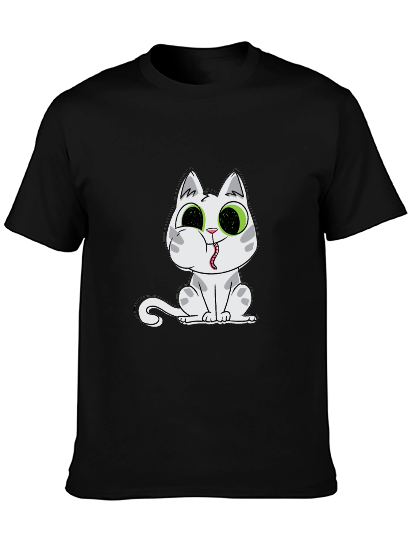 Black T-Shirt with Cartoon Cat Print