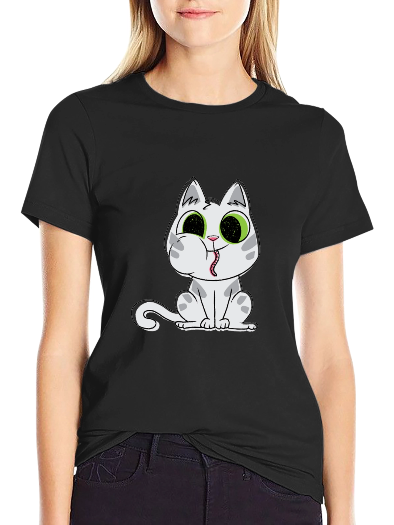 Black T-Shirt with Cartoon Cat Print