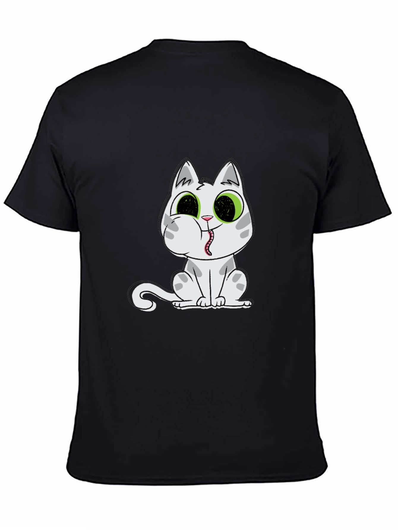 Black T-Shirt with Cartoon Cat Print