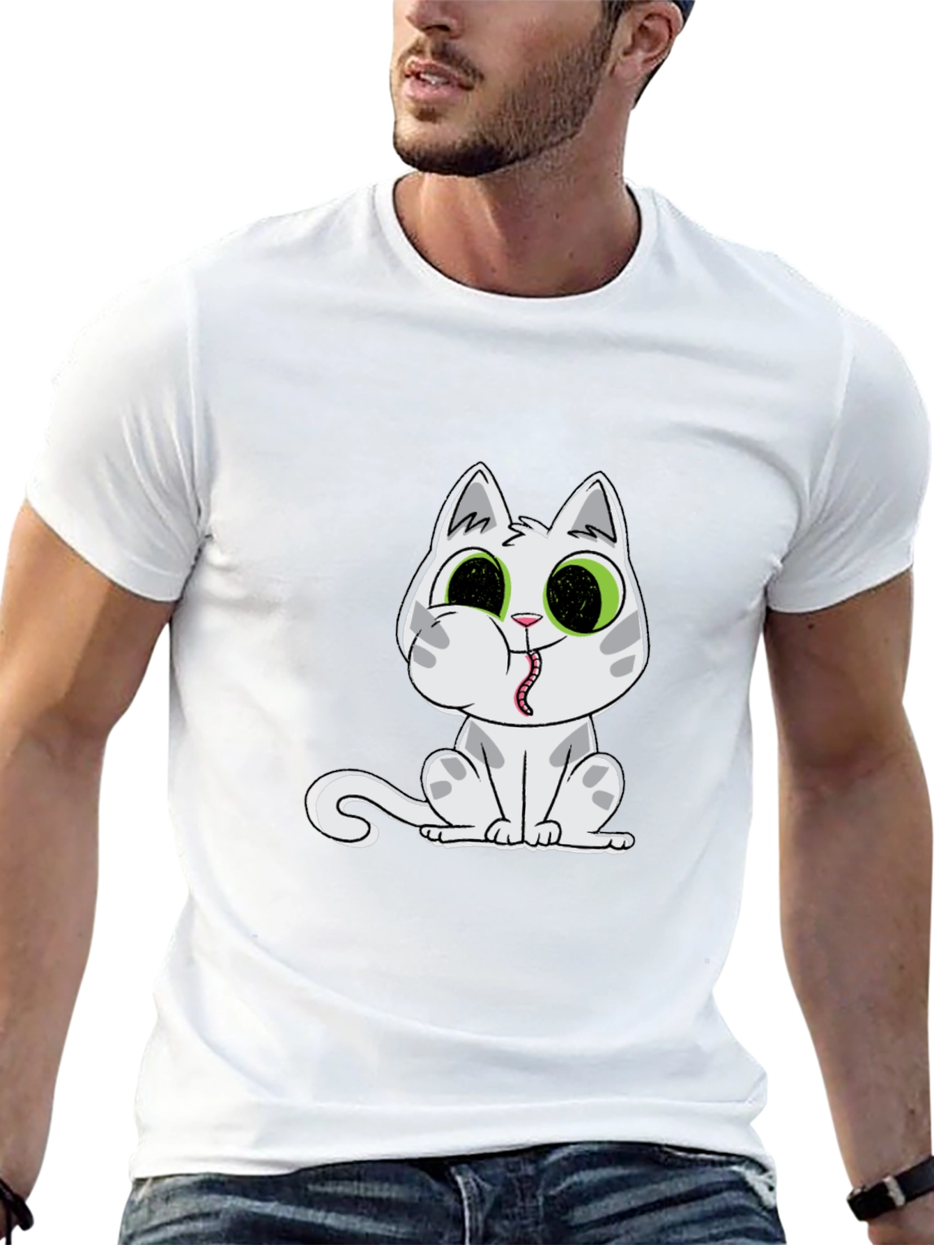 Black T-Shirt with Cartoon Cat Print