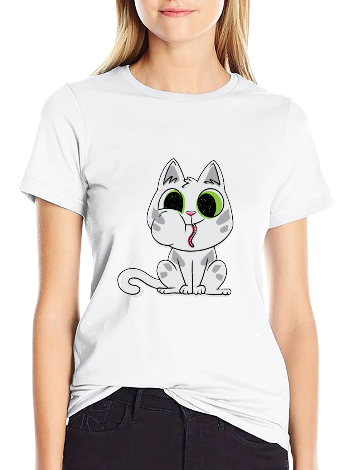 Black T-Shirt with Cartoon Cat Print