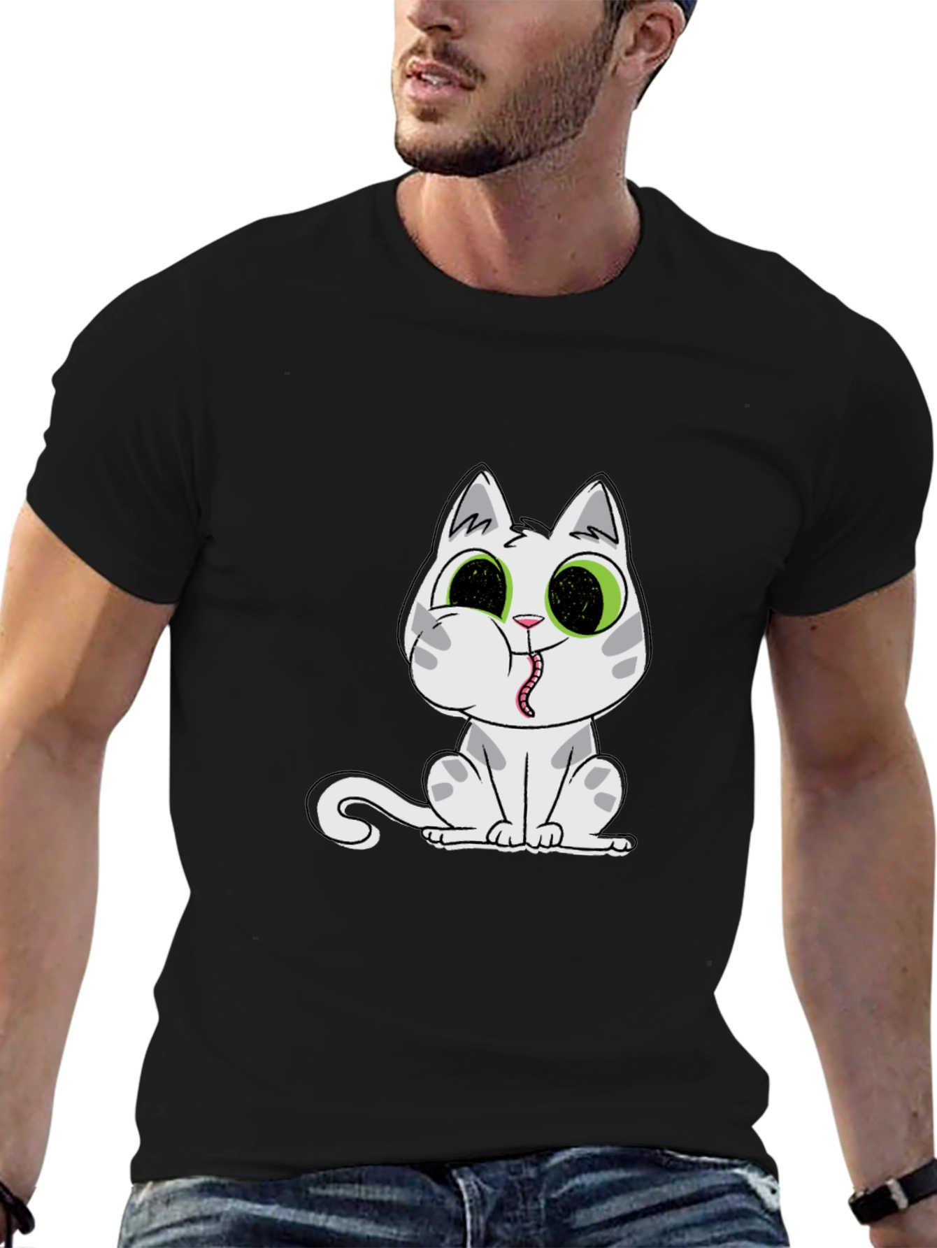 Black T-Shirt with Cartoon Cat Print