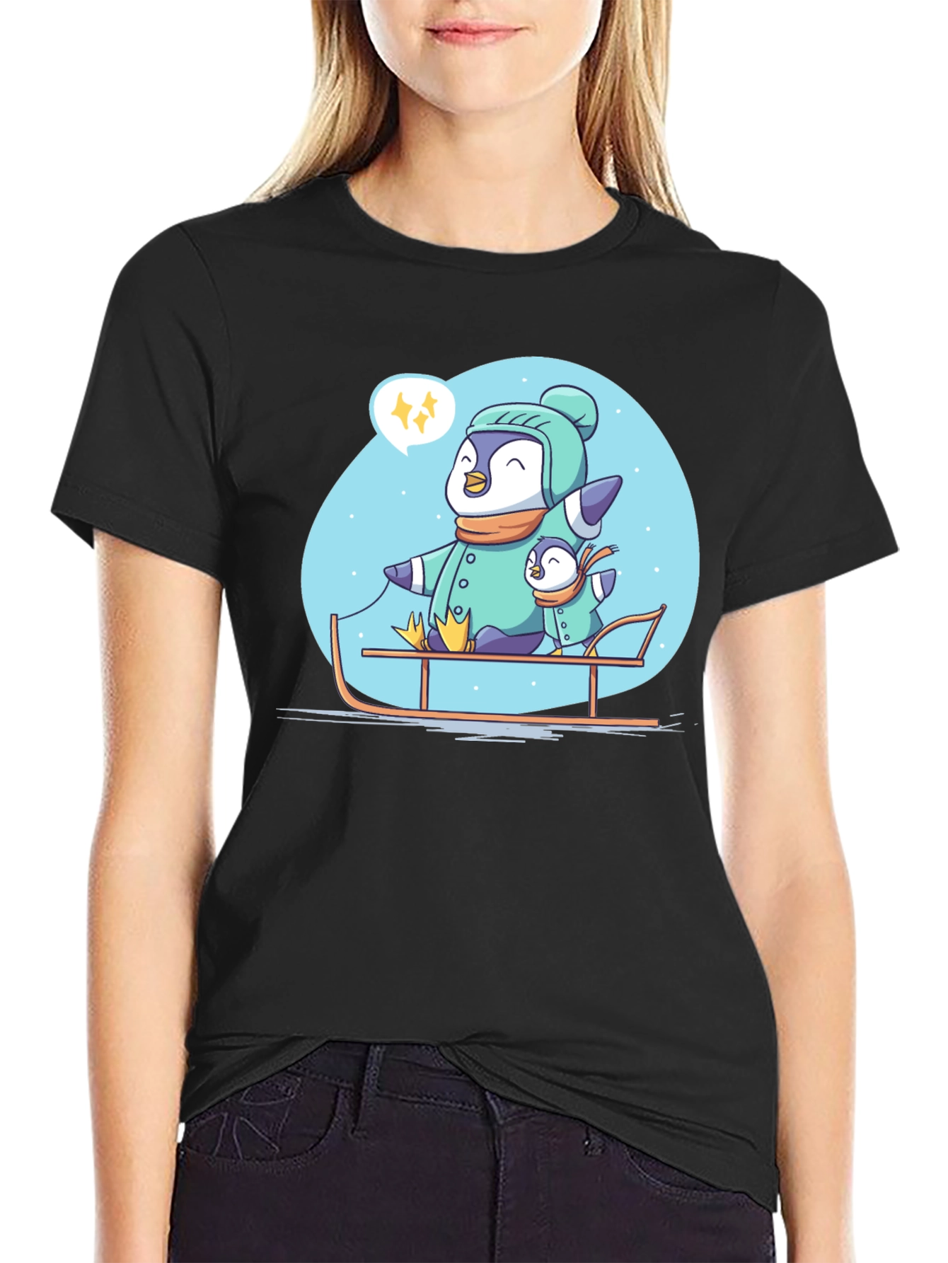Penguin Family Sledding Graphic Tee