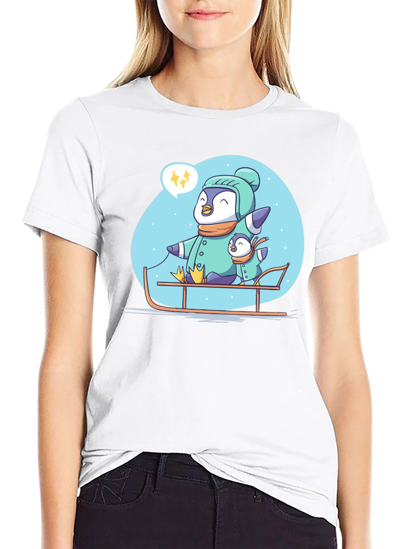 Penguin Family Sledding Graphic Tee