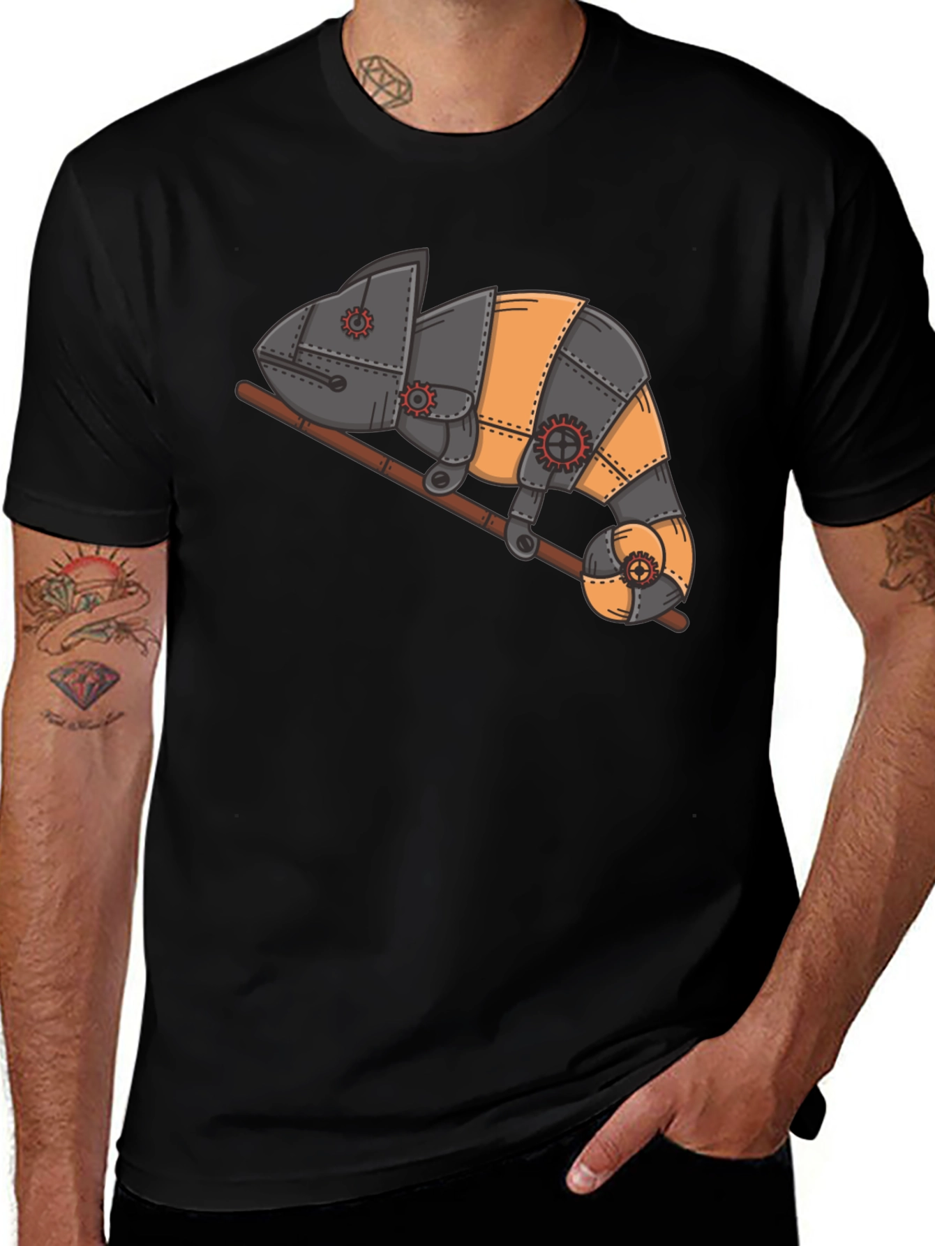 Steampunk Chameleon Graphic T-Shirt - Unique Reptile Design