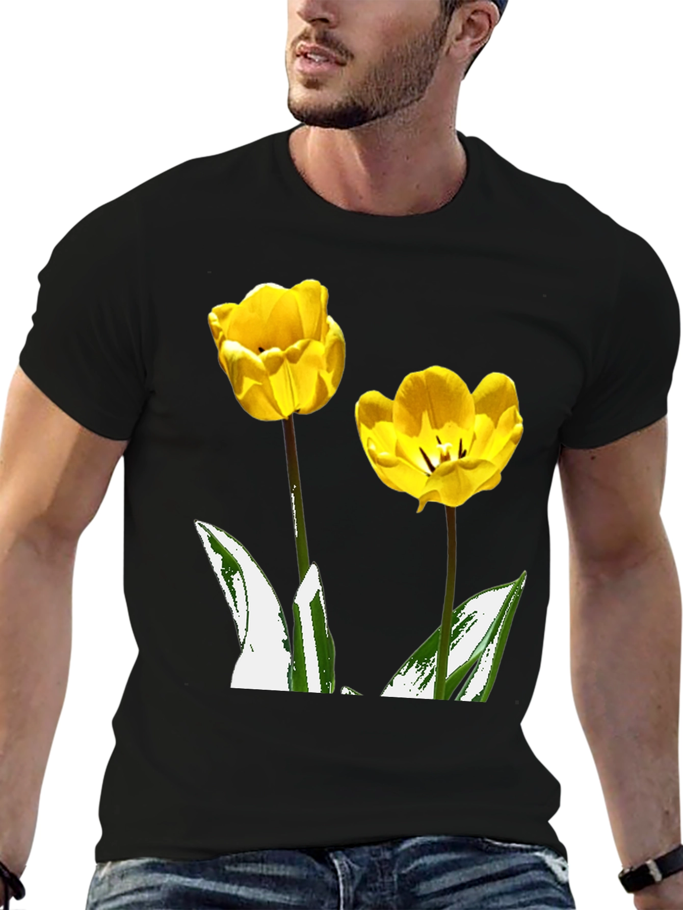 Yellow Tulip Flower Graphic Black T-Shirt
