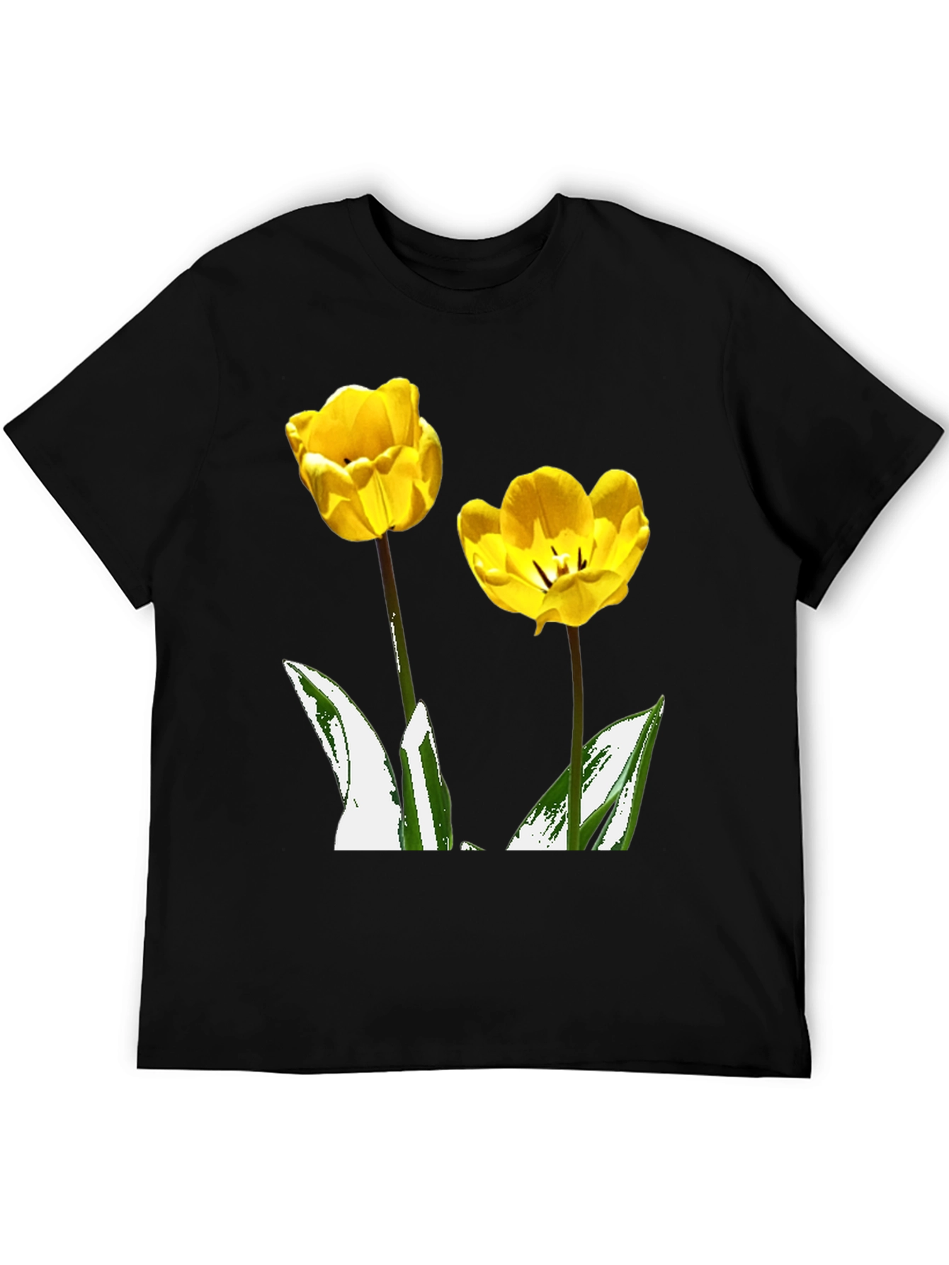 Yellow Tulip Flower Graphic Black T-Shirt