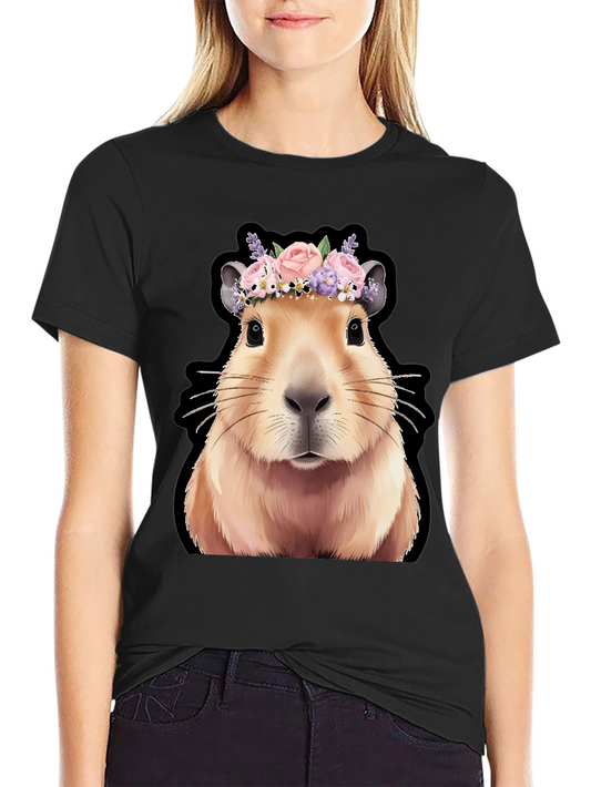 Capybara Flower Crown Graphic Tee - Trendy Animal T-Shirt