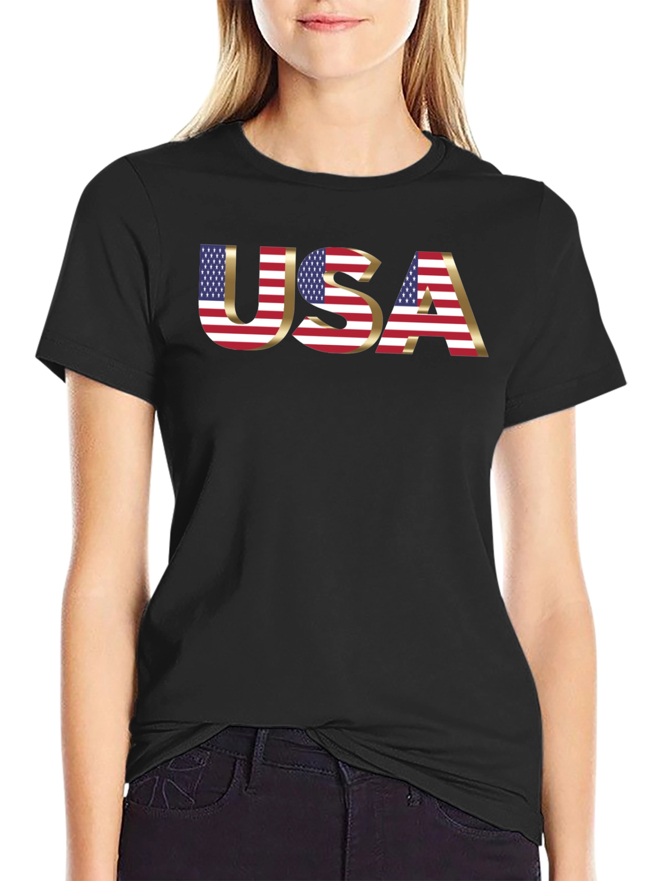 USA Flag Graphic Print Black T-Shirt