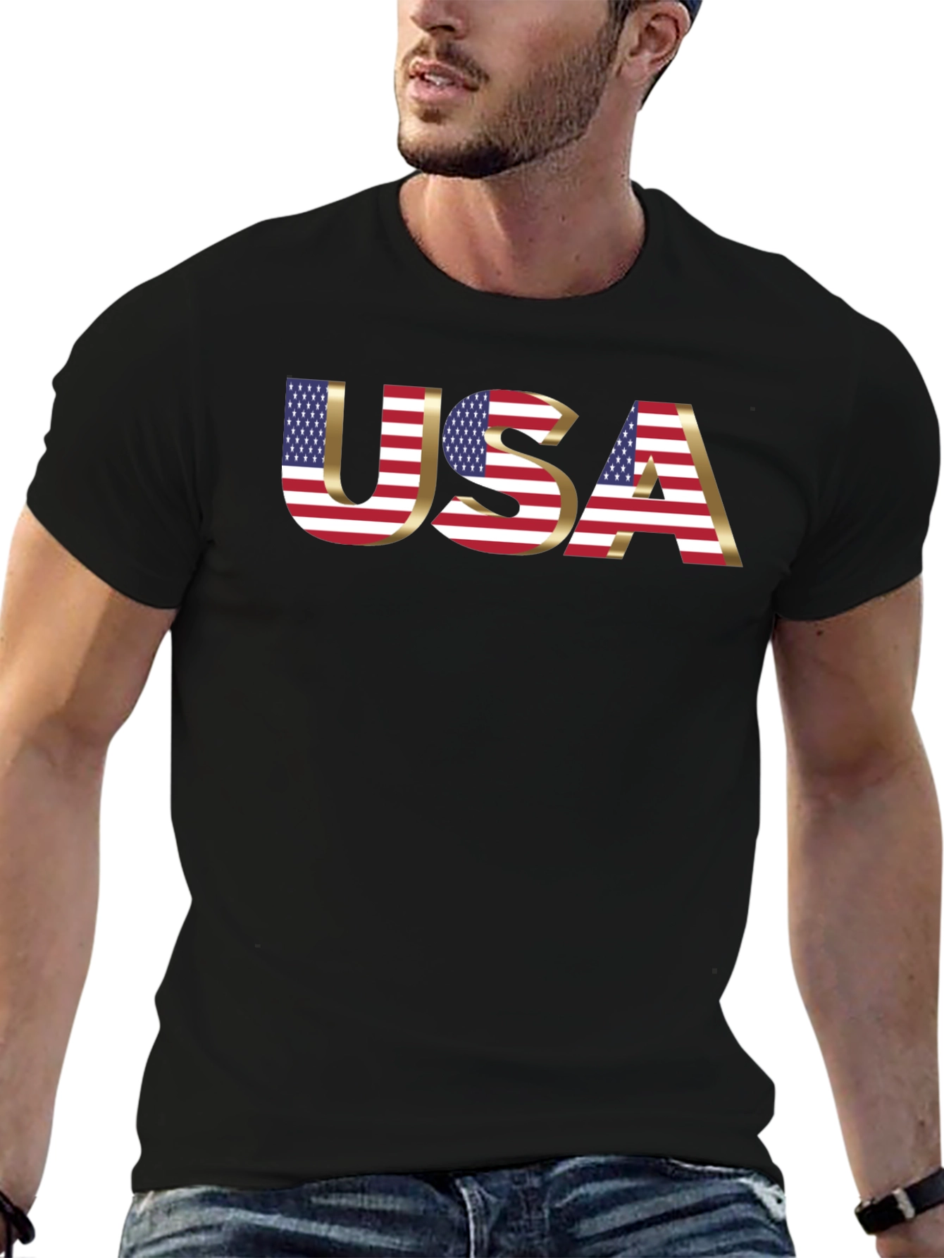 USA Flag Graphic Print Black T-Shirt