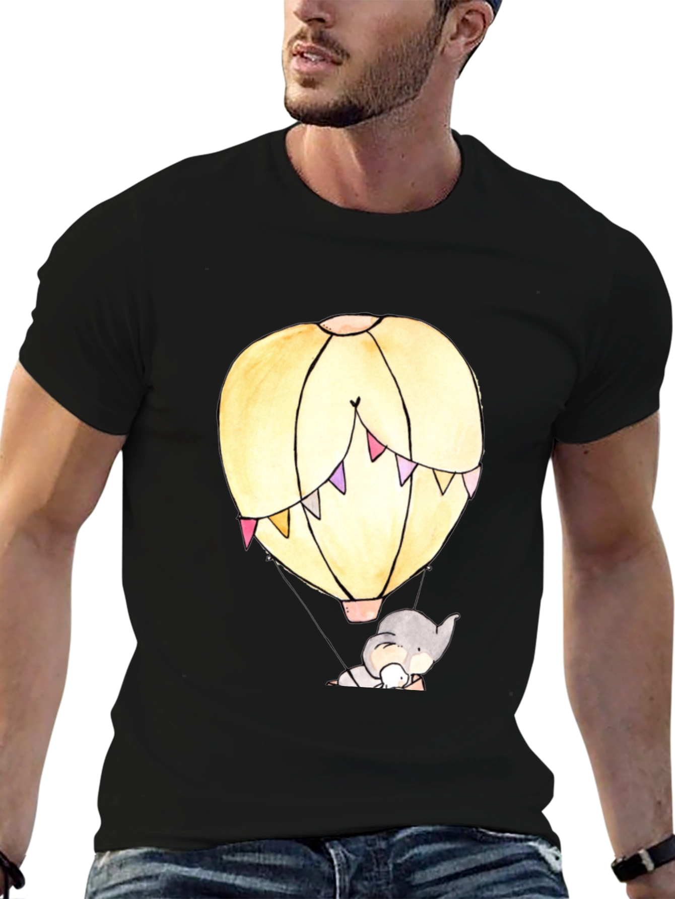 Elephant Hot Air Balloon Graphic Tee - Black