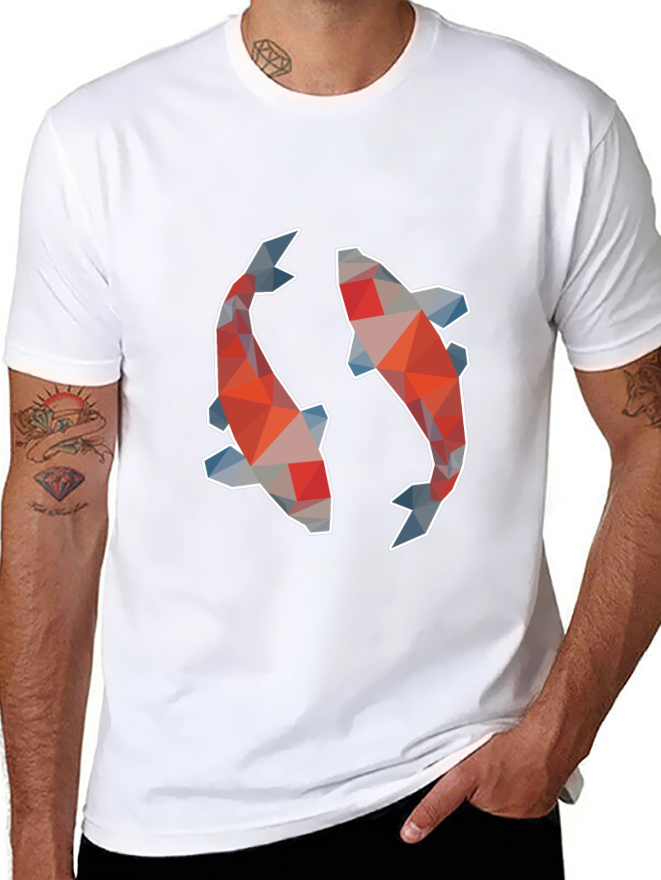 Geometric Koi Fish Graphic Print Black T-Shirt