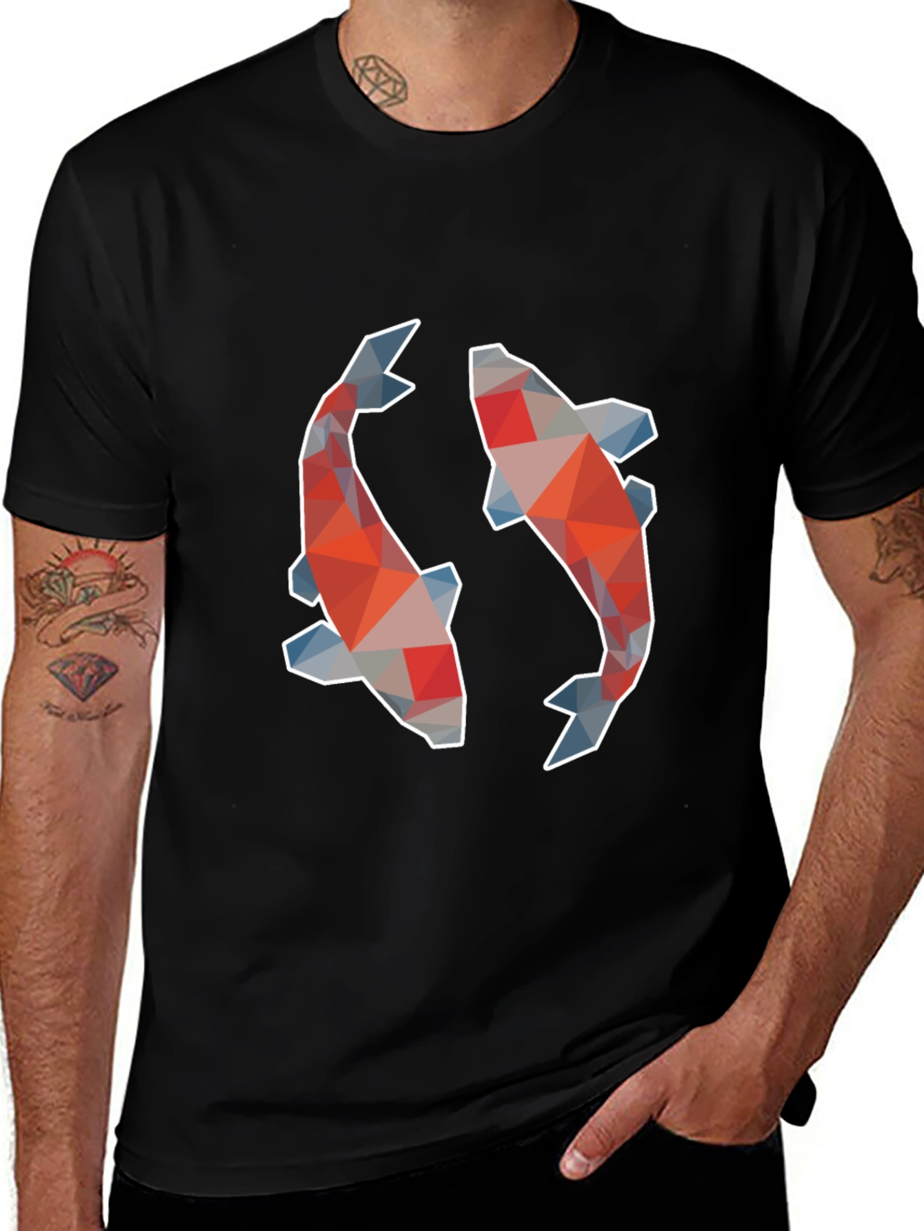 Geometric Koi Fish Graphic Print Black T-Shirt