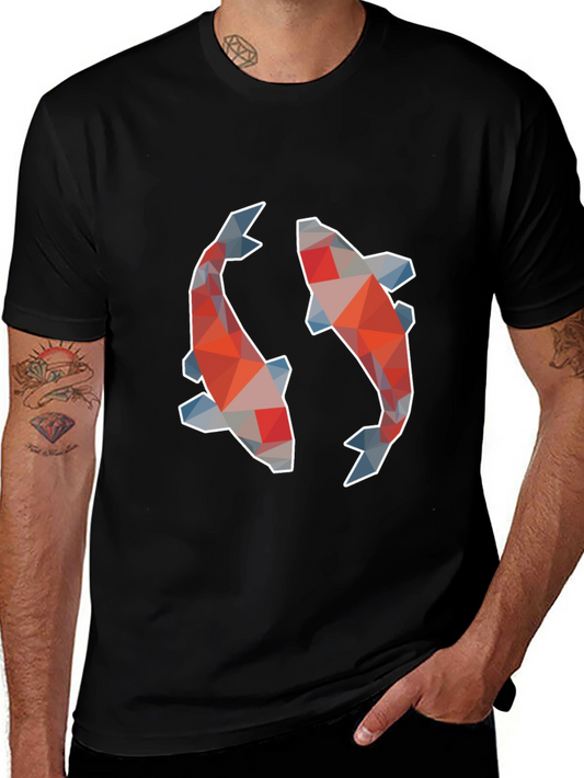 Geometric Koi Fish Graphic Print Black T-Shirt