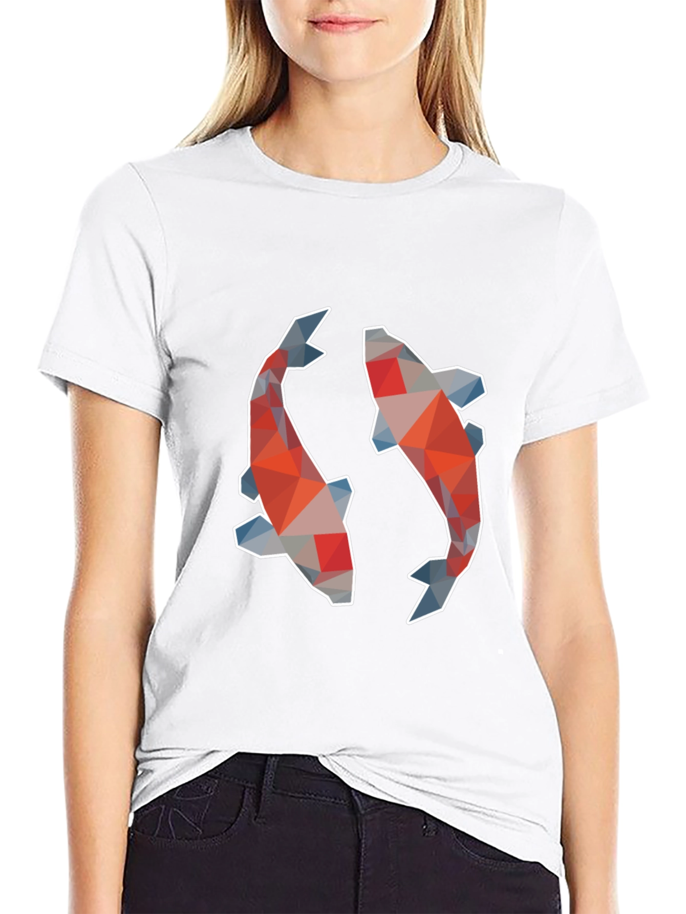 Geometric Koi Fish Graphic Print Black T-Shirt