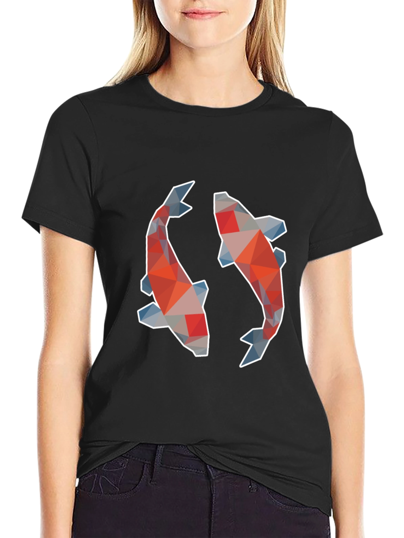Geometric Koi Fish Graphic Print Black T-Shirt