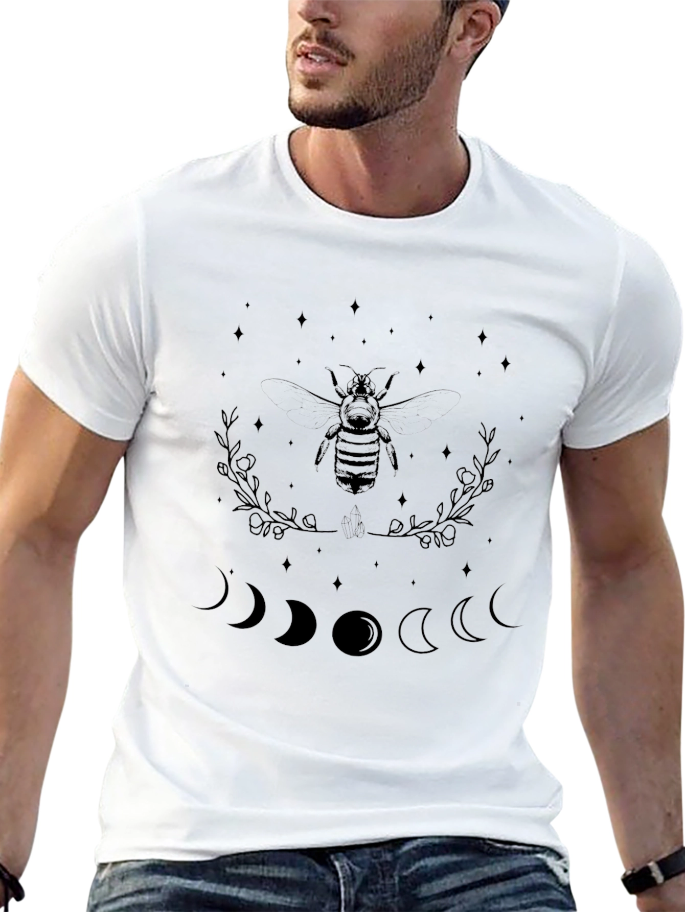 Black Graphic Tee with Bee and Moon Phases