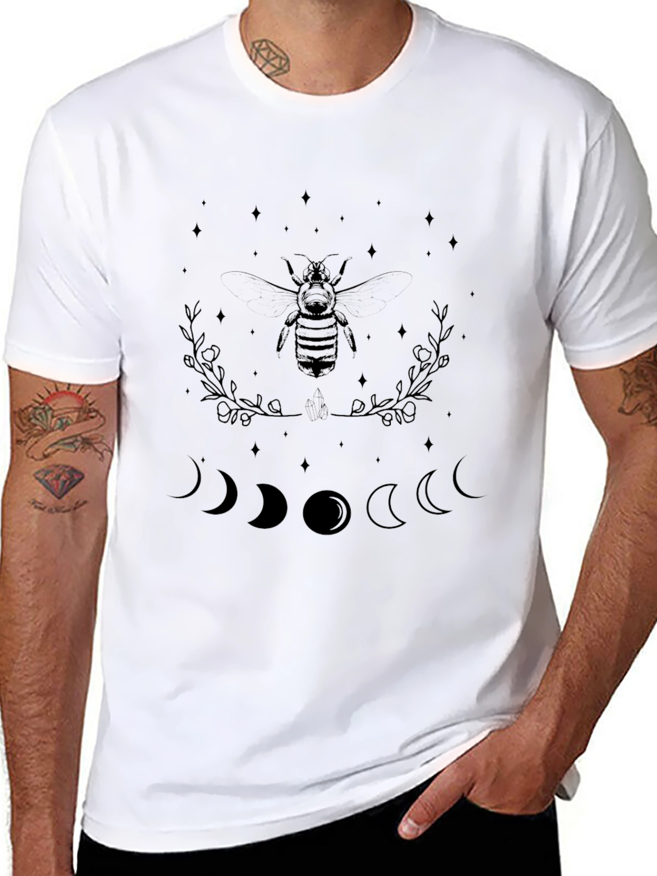 Black Graphic Tee with Bee and Moon Phases