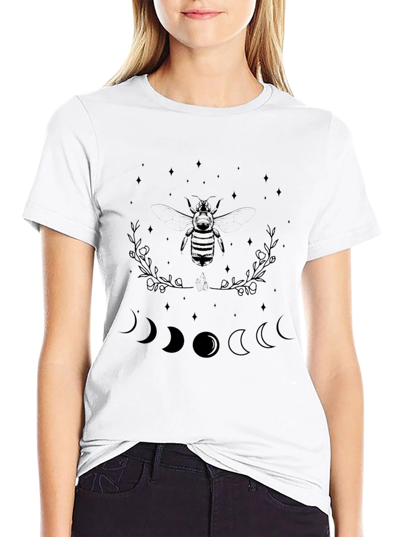 Black Graphic Tee with Bee and Moon Phases
