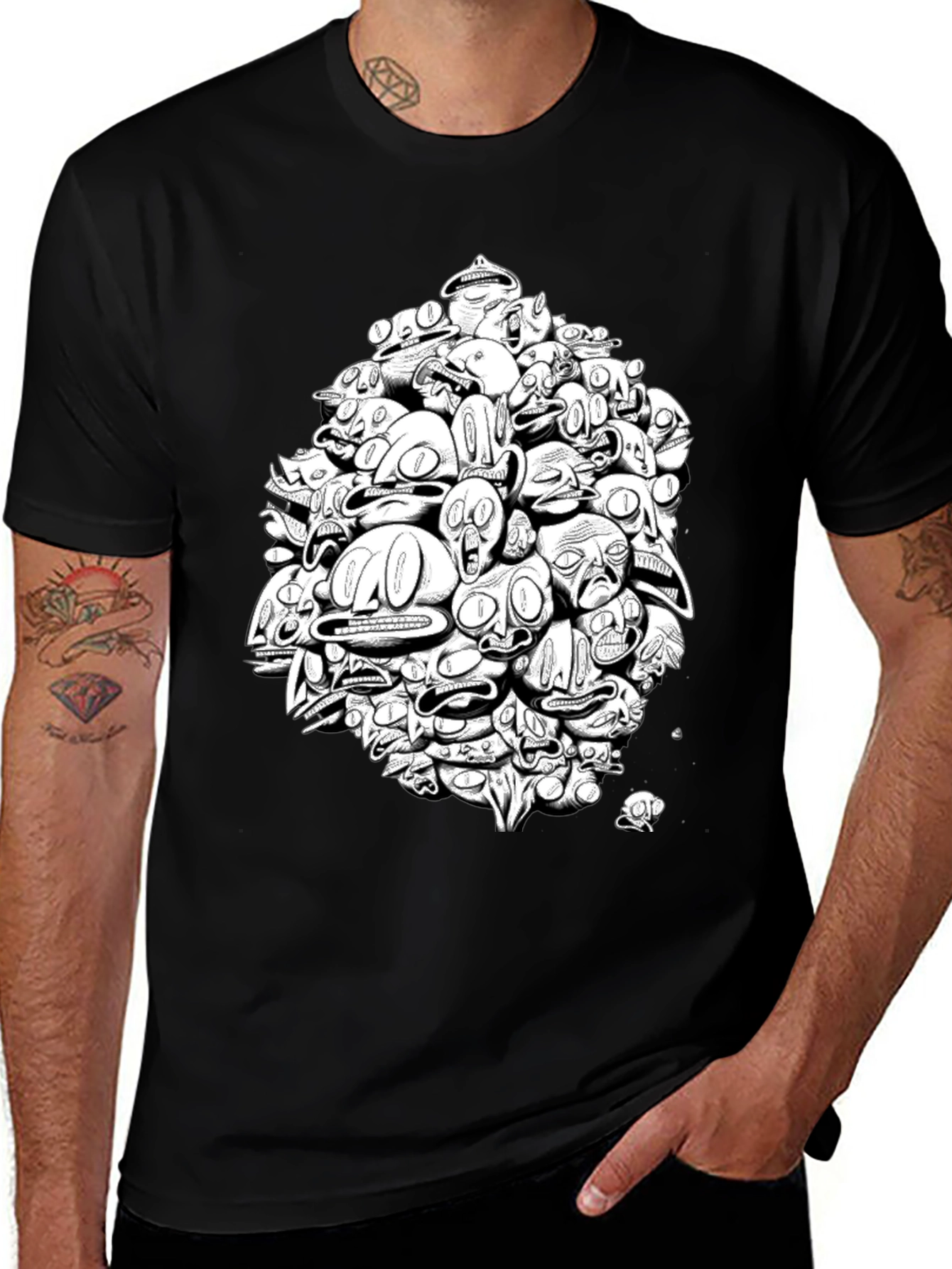 Abstract Faces Graphic Print Black T-Shirt