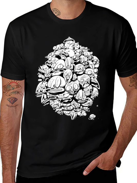 Abstract Faces Graphic Print Black T-Shirt