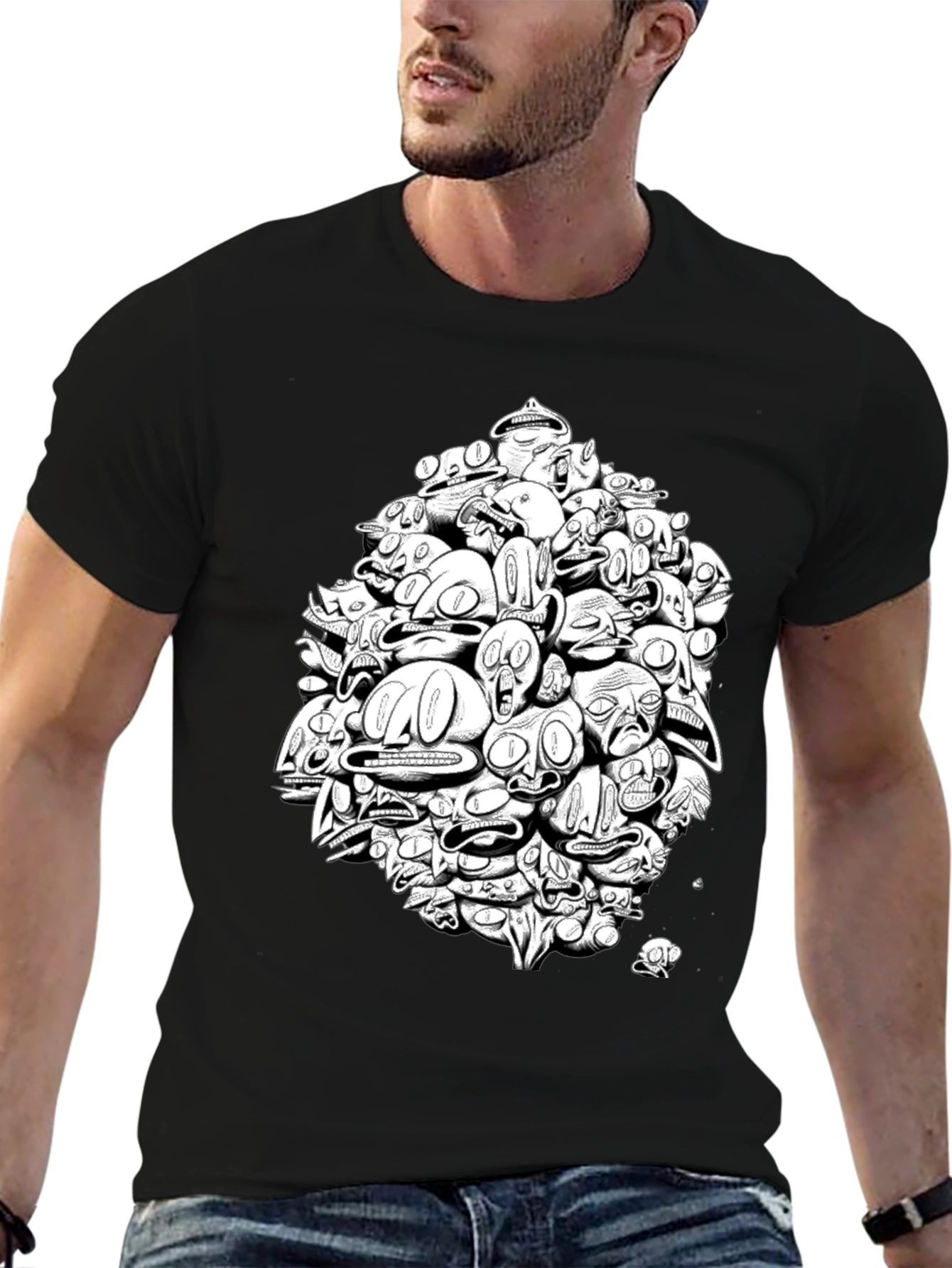 Abstract Faces Graphic Print Black T-Shirt