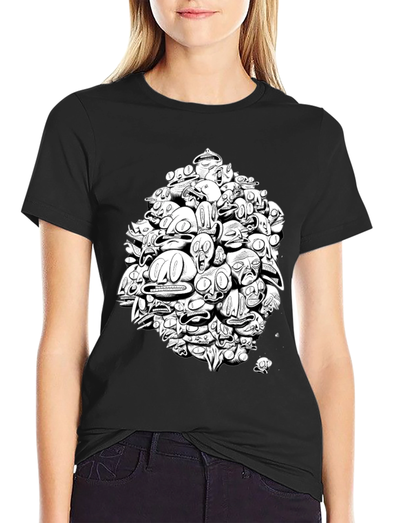 Abstract Faces Graphic Print Black T-Shirt