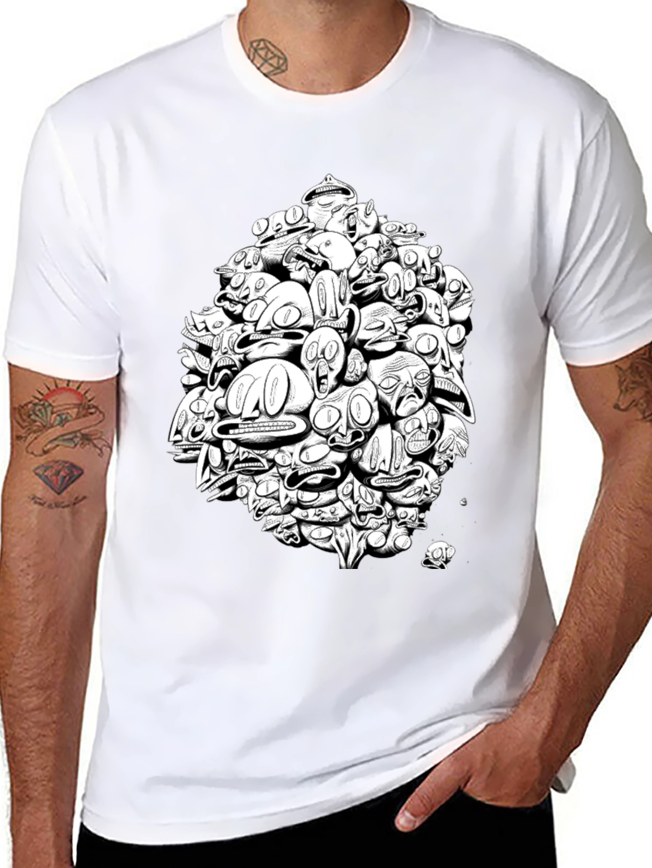 Abstract Faces Graphic Print Black T-Shirt