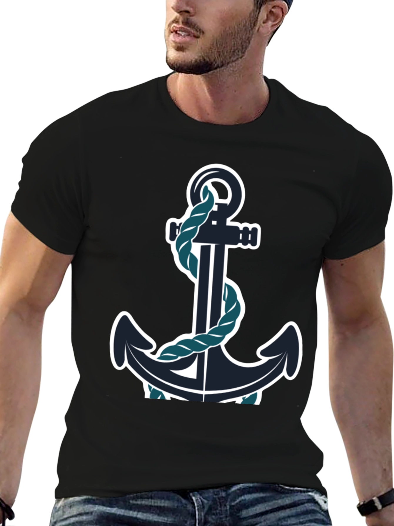 Nautical Anchor Graphic Tee - Black Cotton Blend