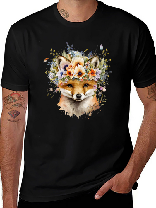 Floral Fox Graphic Tee - Stylish Mens Black T-Shirt