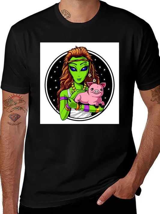 Alien & Pig Graphic Tee - Black Cotton Blend T-Shirt