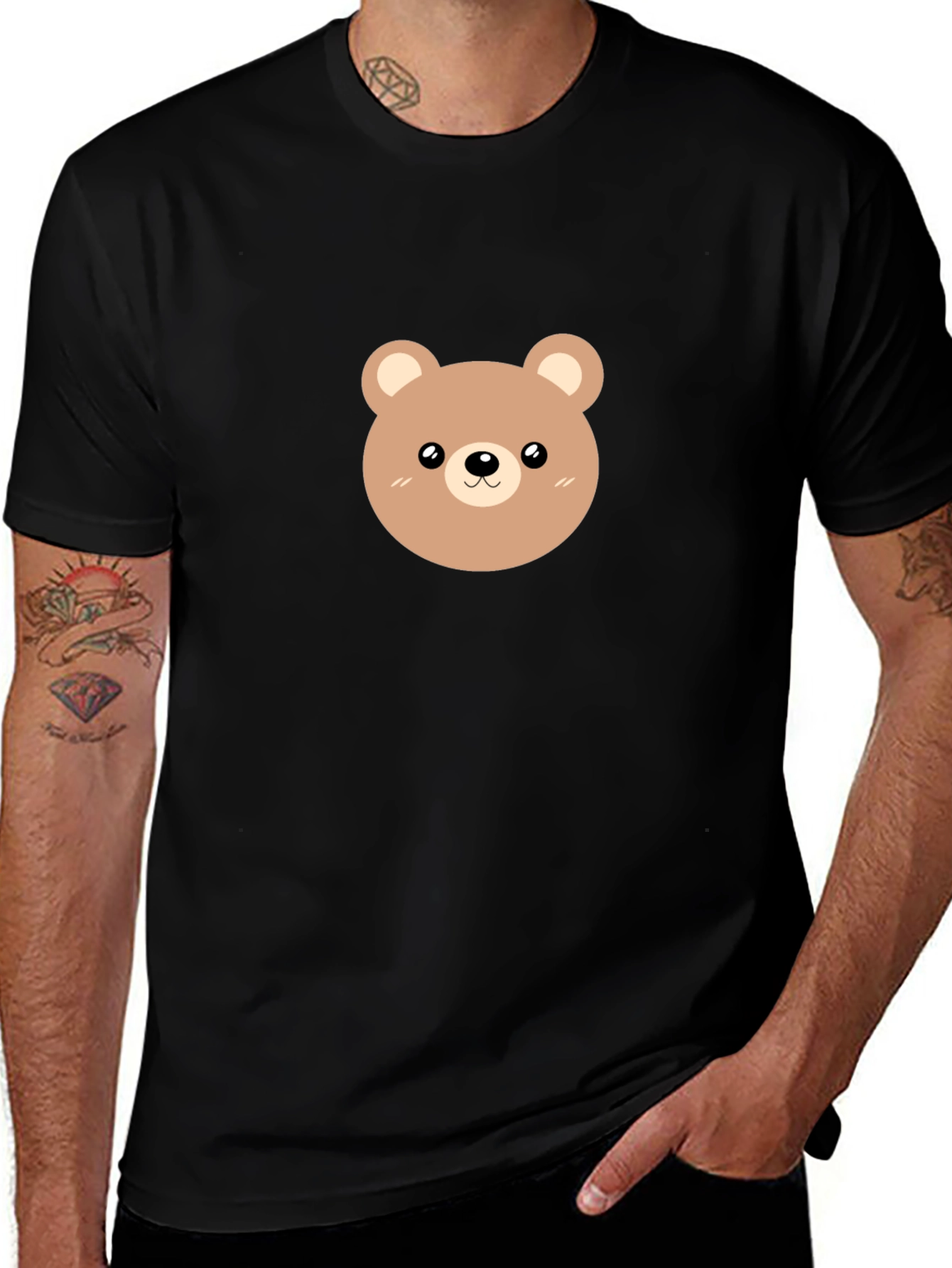 Cute Bear Graphic Tee - Black Cotton Casual Shirt