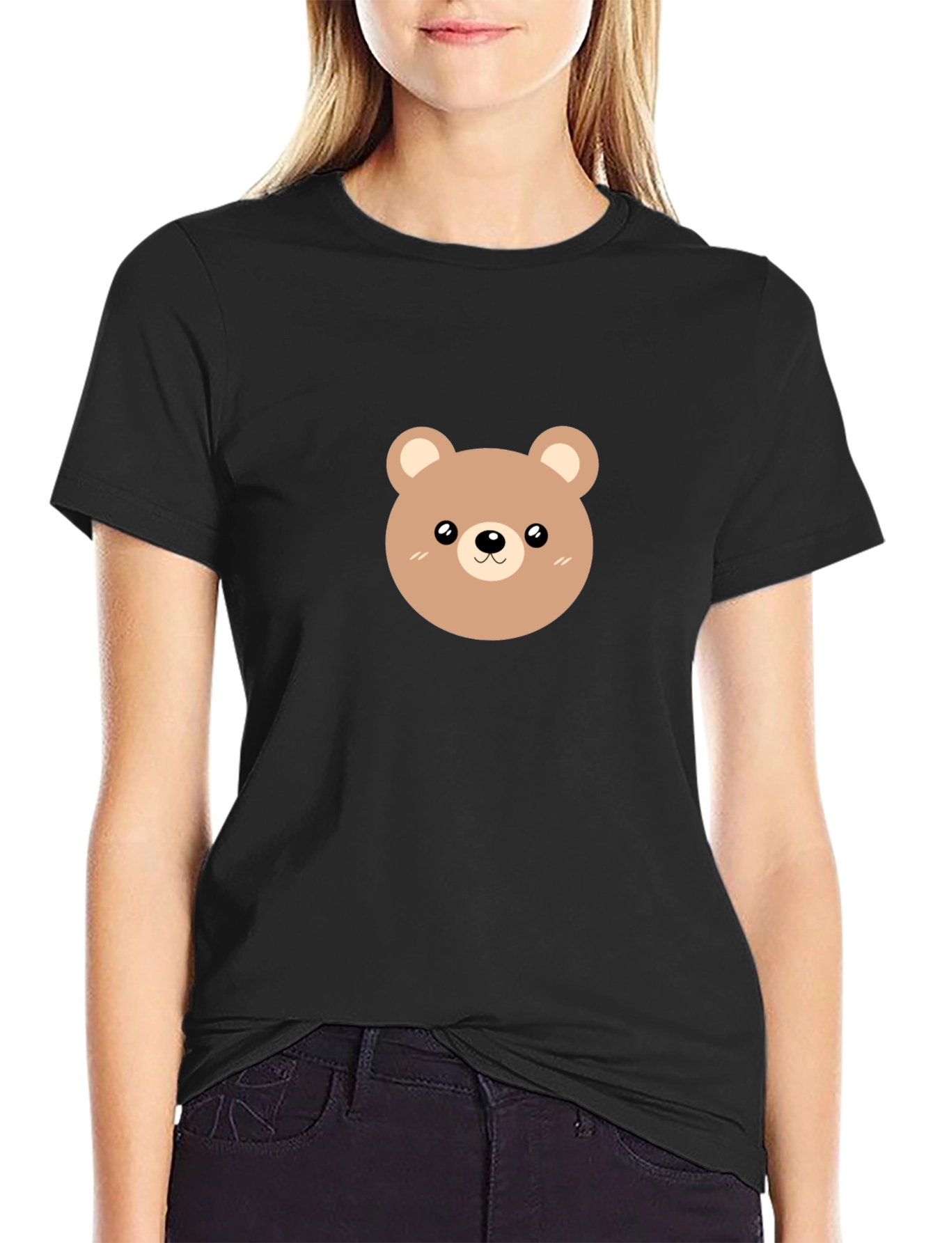 Cute Bear Graphic Tee - Black Cotton Casual Shirt