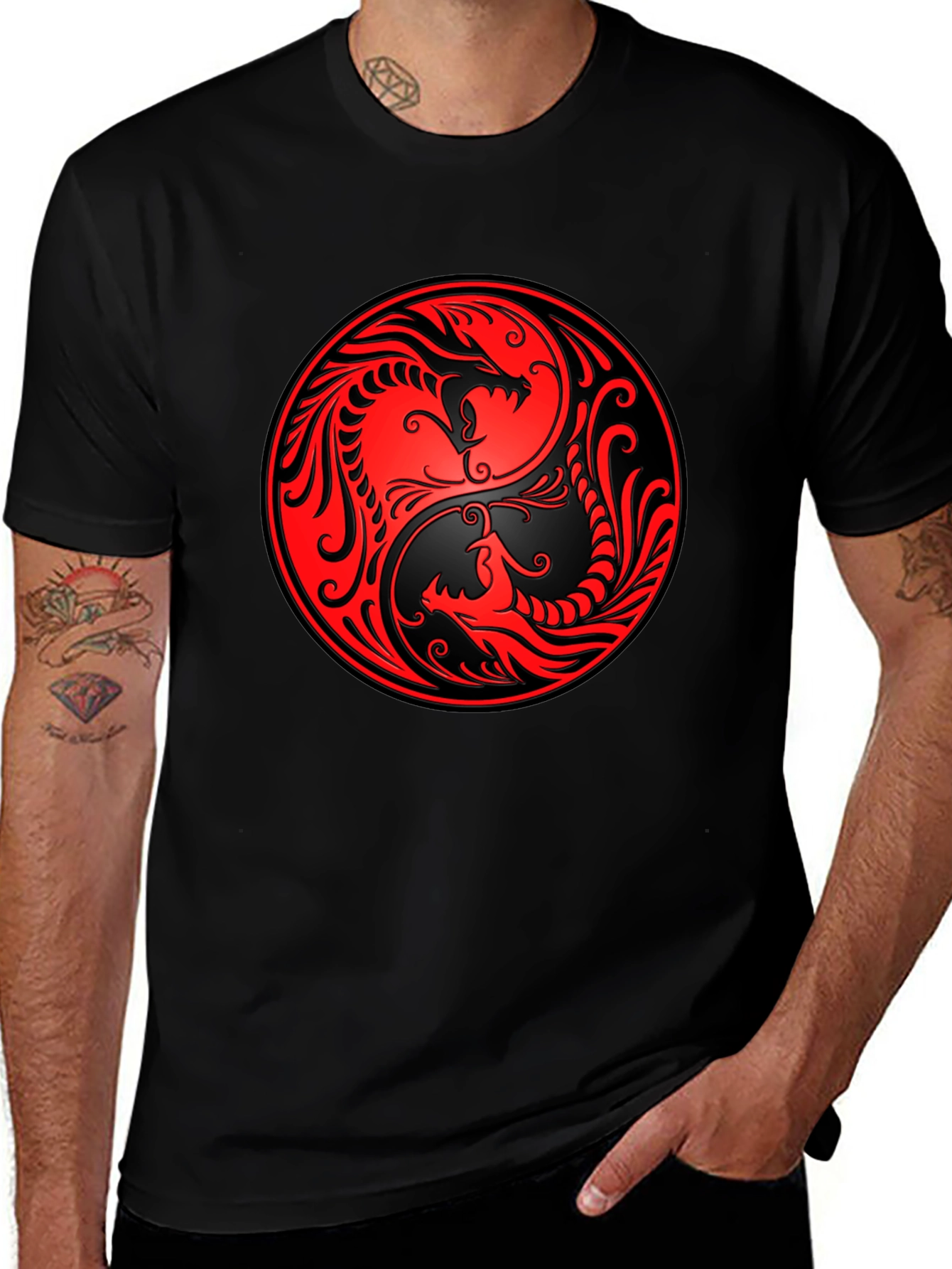 Yin Yang Dragon Graphic Black T-Shirt