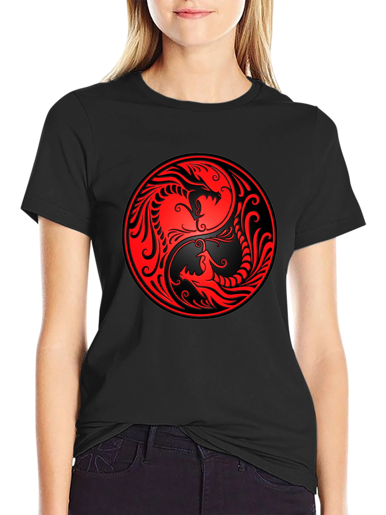 Yin Yang Dragon Graphic Black T-Shirt