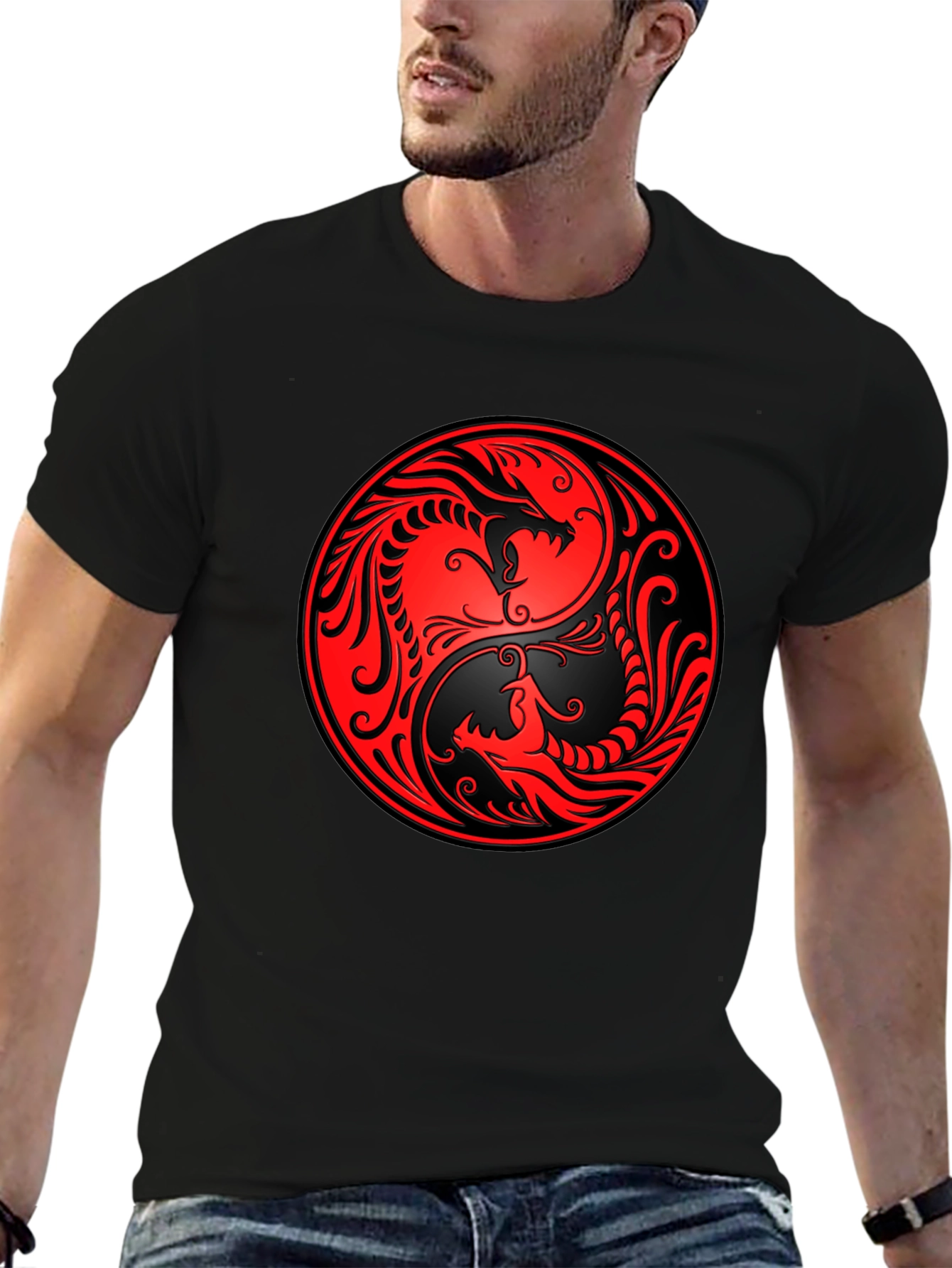 Yin Yang Dragon Graphic Black T-Shirt