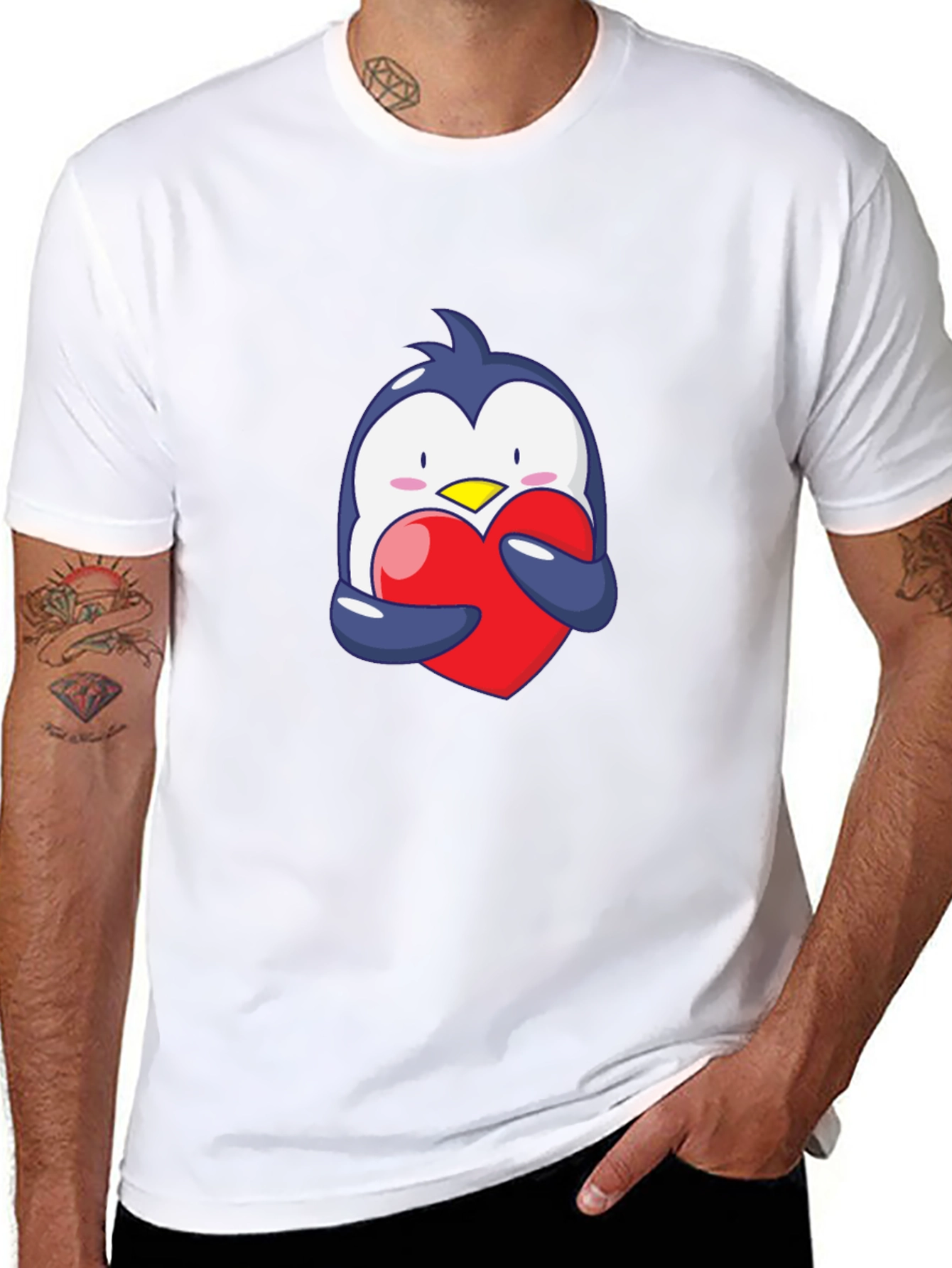 Penguin Hugging Heart Graphic Tee - Black