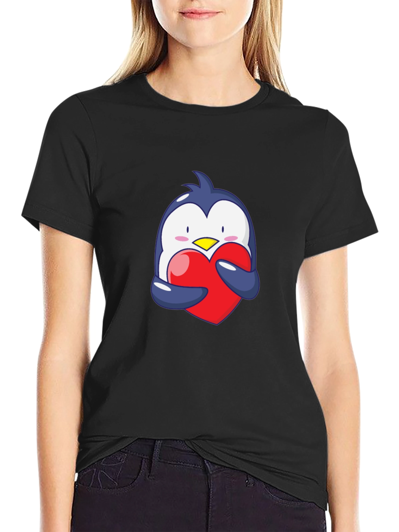 Penguin Hugging Heart Graphic Tee - Black