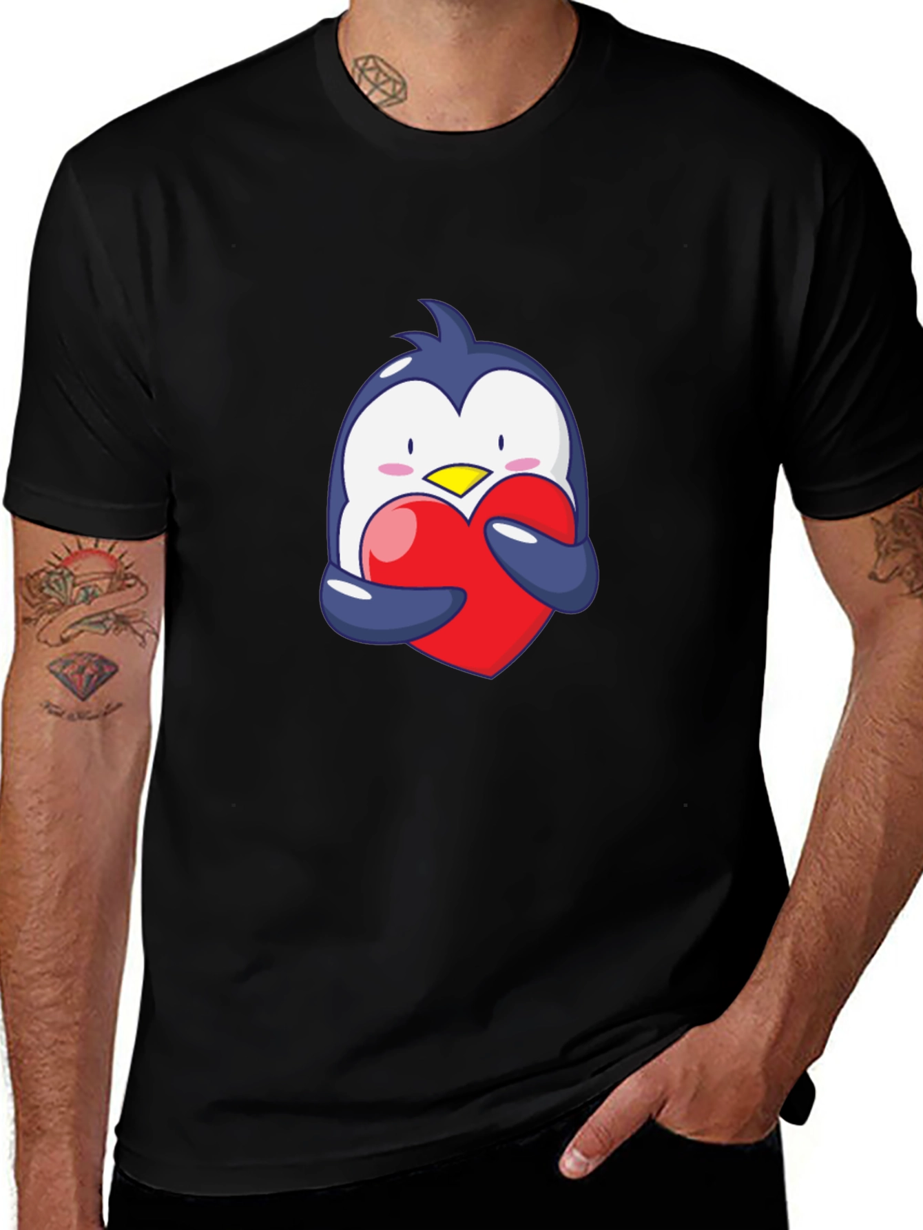 Penguin Hugging Heart Graphic Tee - Black
